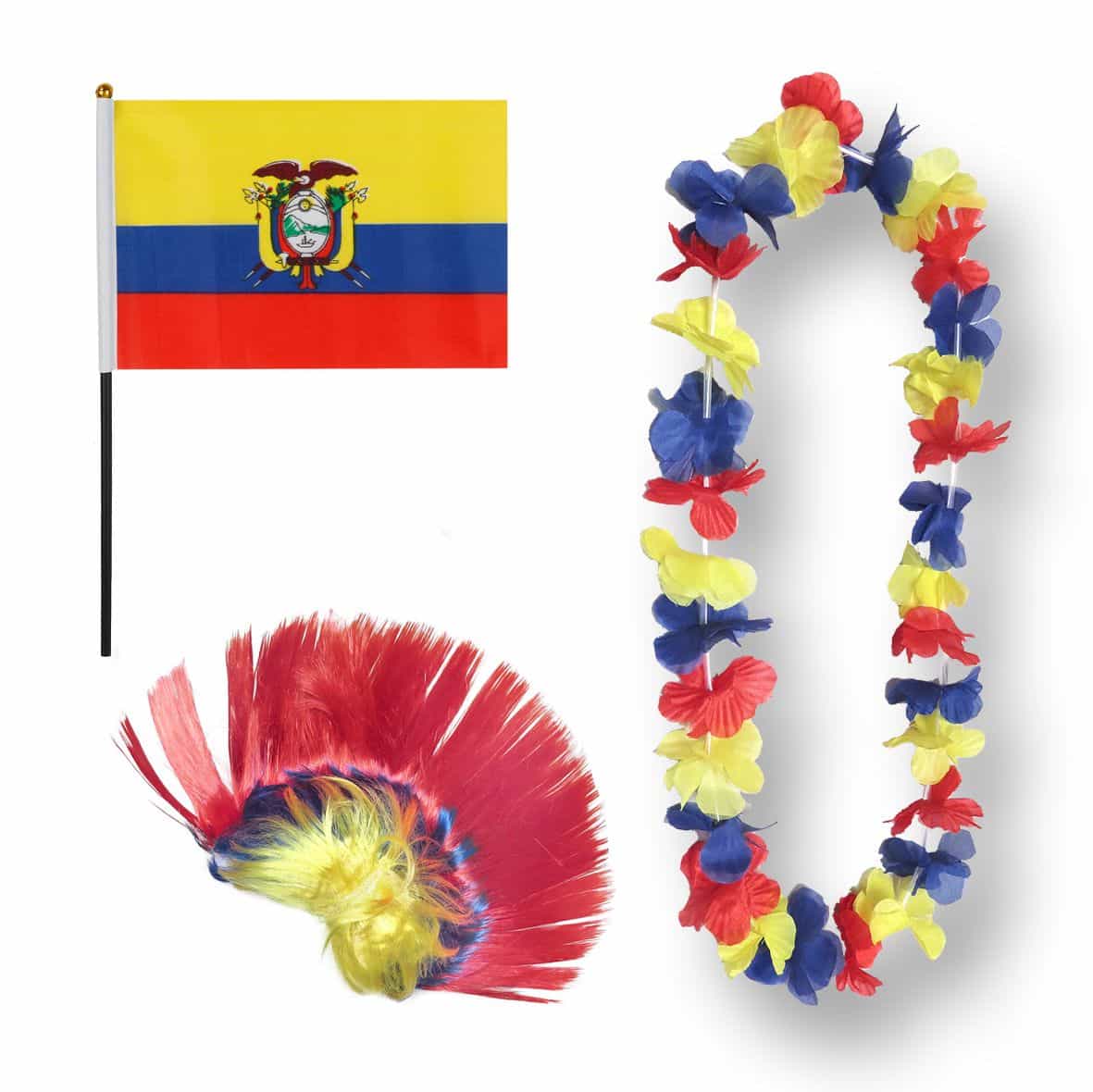 Fanset "Ecuador" Blumenkette Fahne Flagge Perücke Irokese