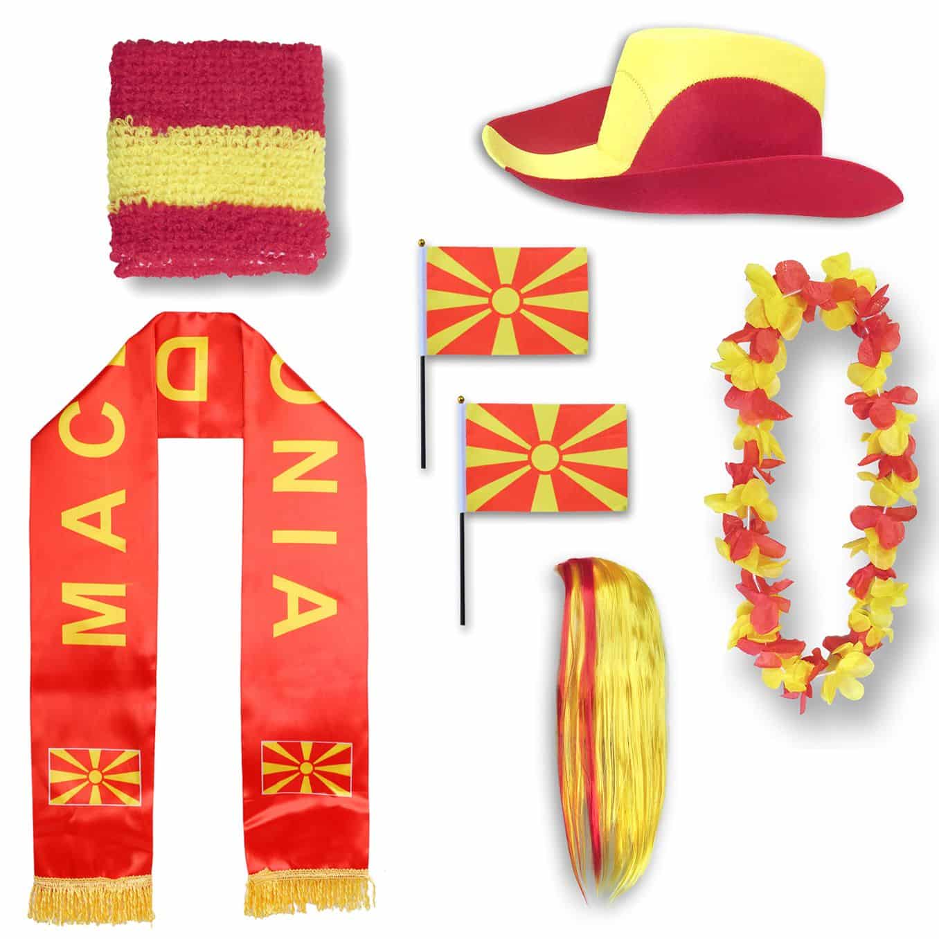 Fan-Paket "Nordmazedonien" North Macedonia WM EM Fußball Schal Hawaiikette Hut Schweissband Fahne