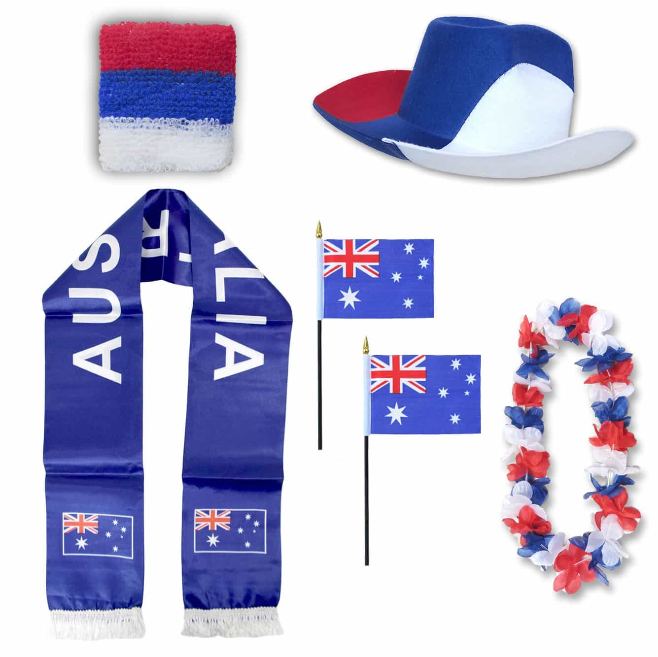 Fan-Paket "Australien" Australia WM EM Fußball Schal Hawaiikette Hut Schweissband Fahne Flagge