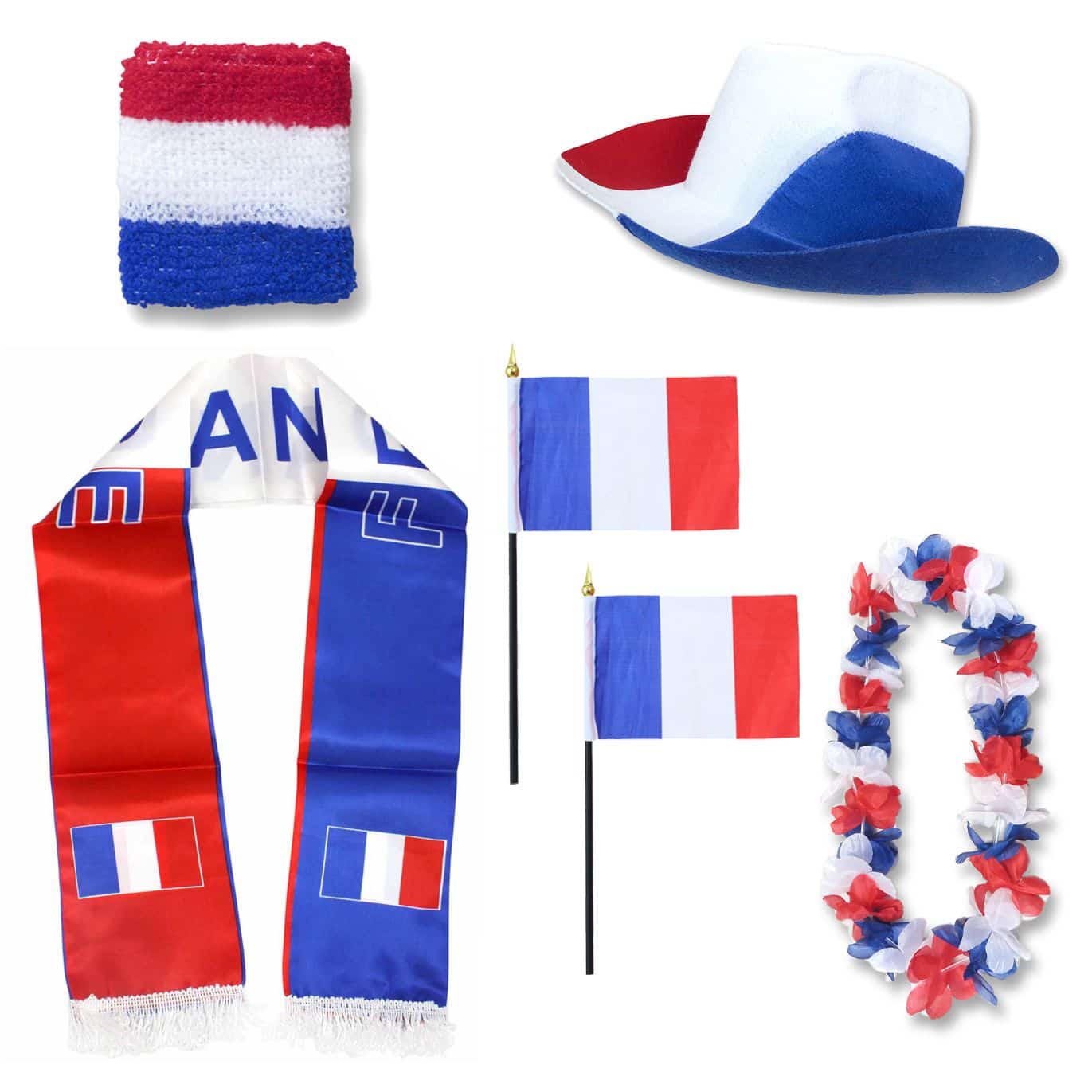 Fan-Paket "Frankreich" France WM EM Fußball Schal Hawaiikette Hut Schweissband Fahne Flagge