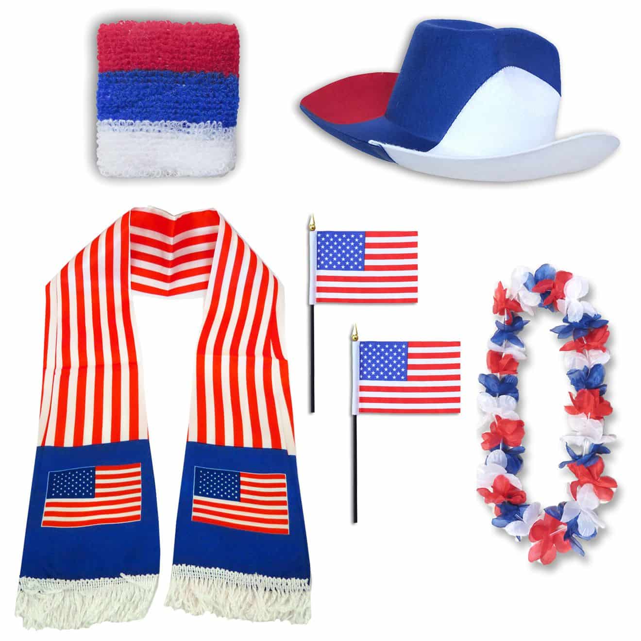 Fan-Paket "USA" United States Amerika America WM EM Fußball Schal Hawaiikette Hut Schweissband Fahne