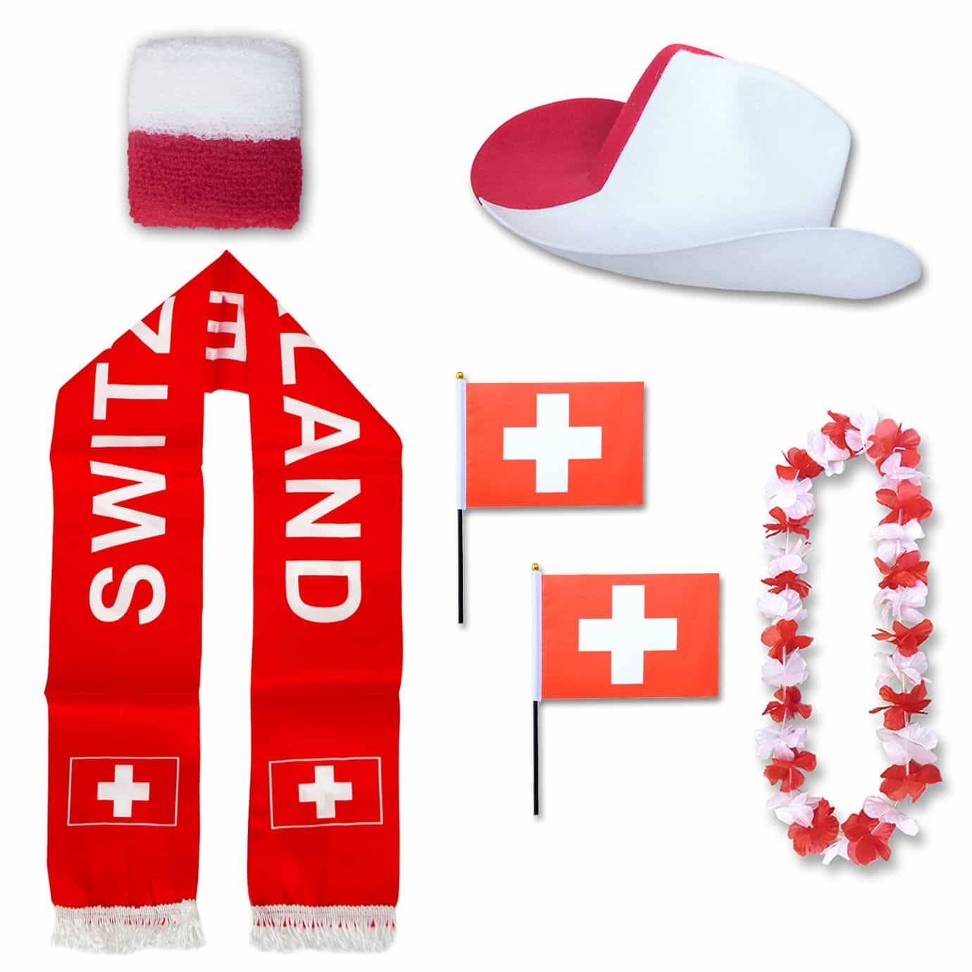 Fan-Paket "Schweiz" Switzerland WM EM Fußball Schal Hawaiikette Hut Schweissband Fahne Flagge