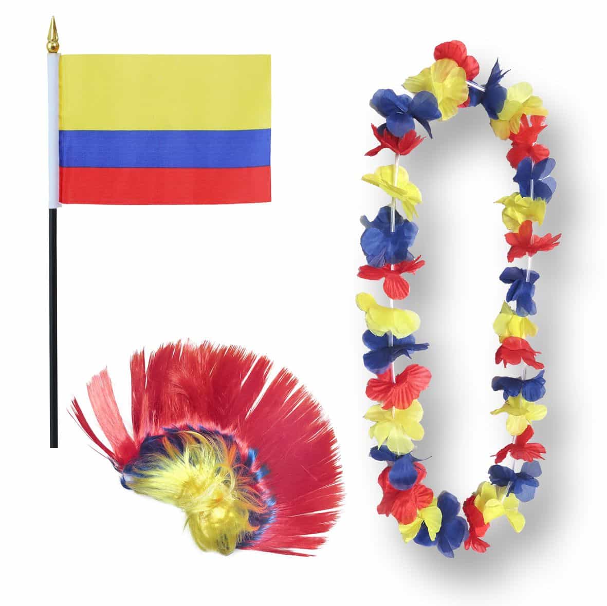 Fanset "Kolumbien" Colombia Blumenkette Fahne Flagge Perücke Irokese