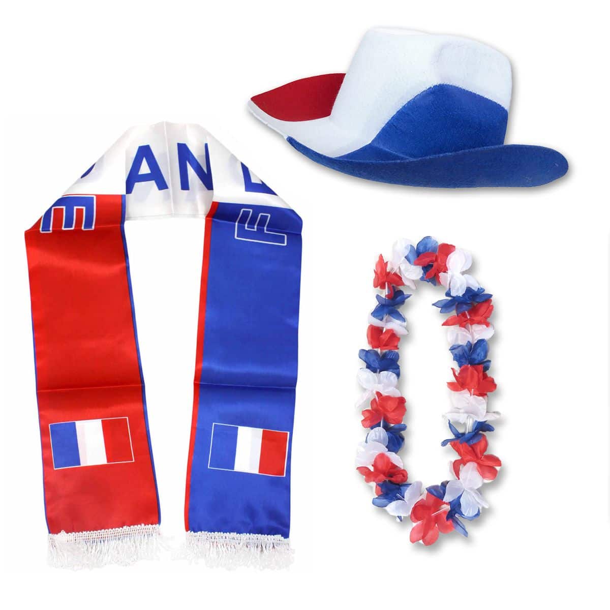 Fan-Paket "Frankreich" France WM EM Fußball Schal Hawaiikette Hut Fanartikel