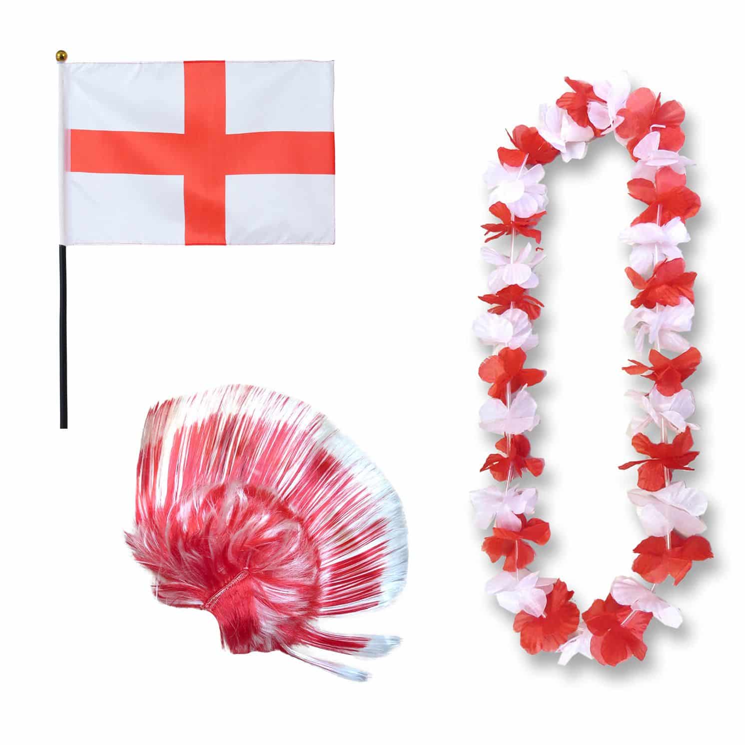 Fanset "England" Blumenkette Fahne Flagge Perücke Irokese