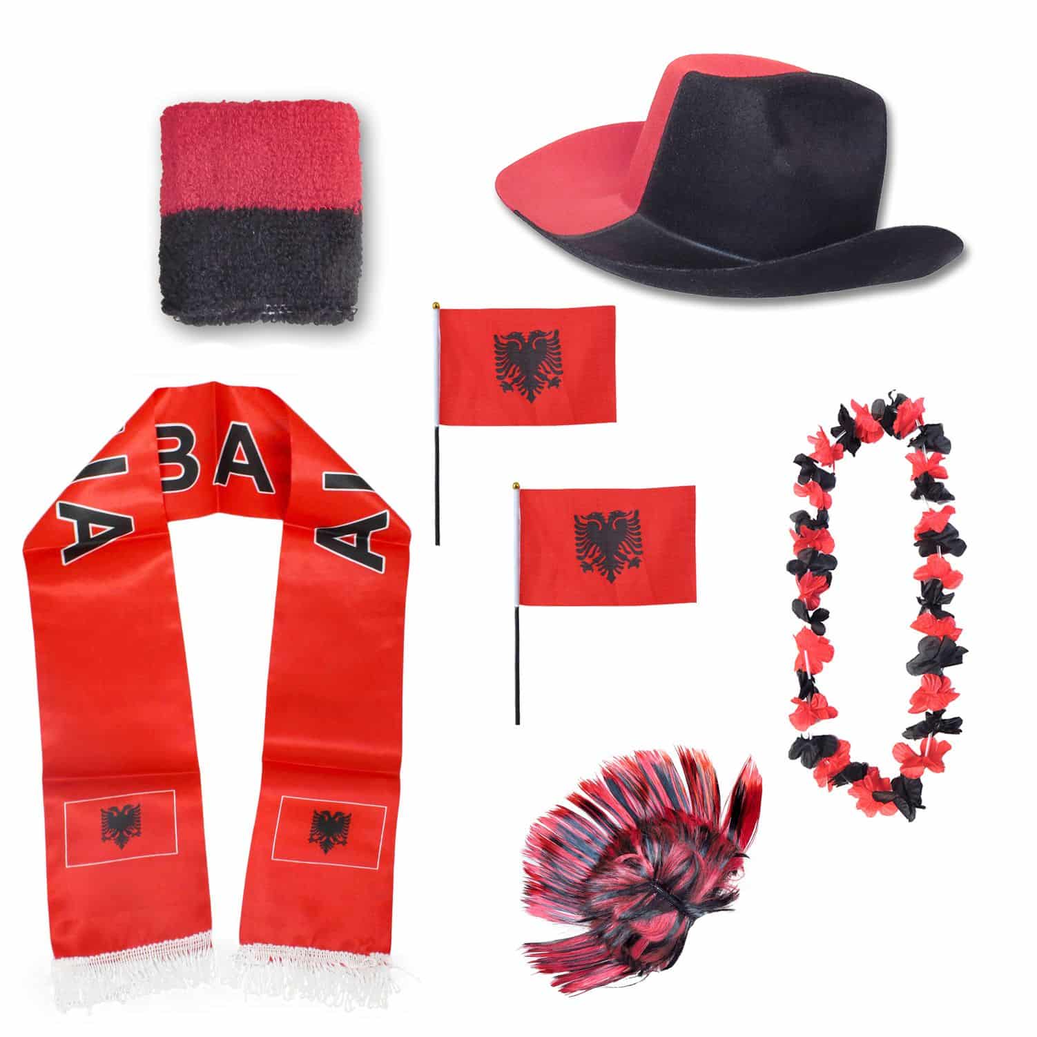 Fan-Paket "Albanien" Albania WM EM Fußball Schal Hawaiikette Hut Schweissband Fahne Iro Perücke