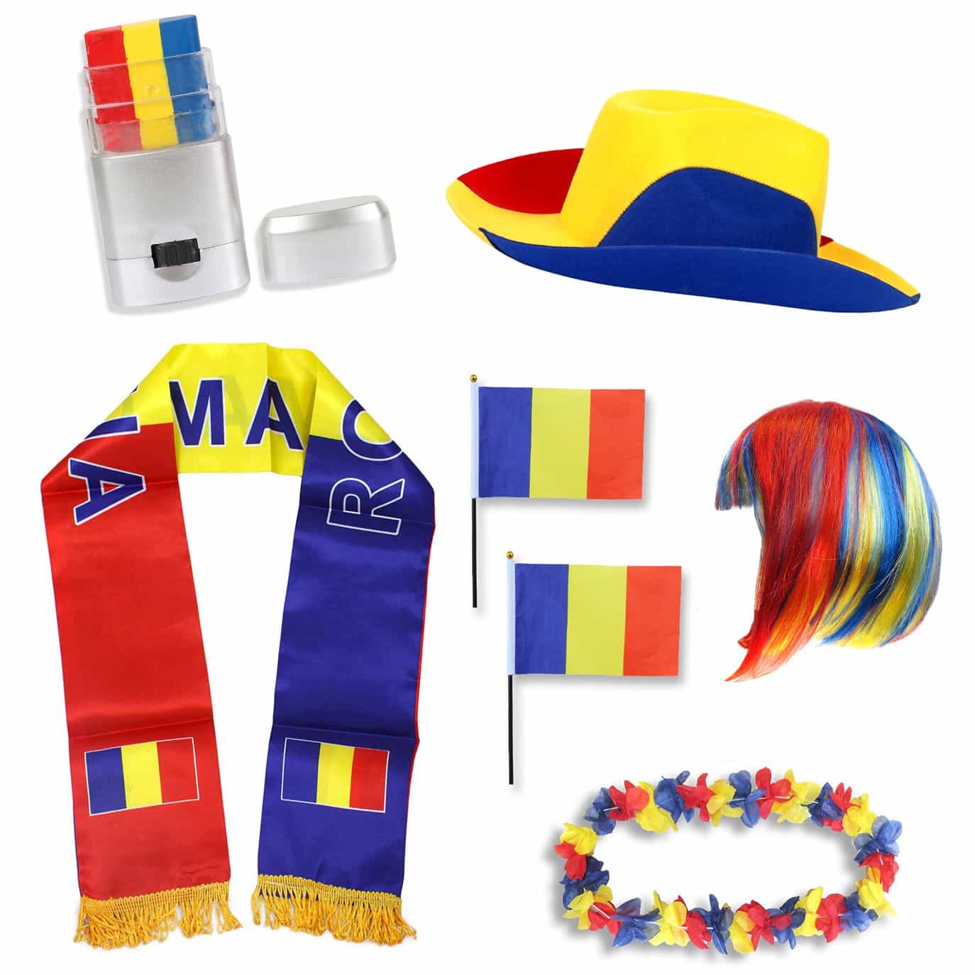 Fan-Paket "Rumänien" Romania WM EM Fußball Schal Hawaiikette Hut Schminkstift Fahne Perücke