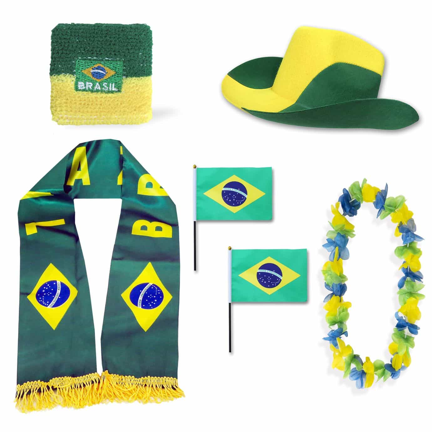 Fan-Paket "Brasilien" Brazil Brasil WM EM Fußball Schal Hawaiikette Hut Schweissband Fahne Flagge
