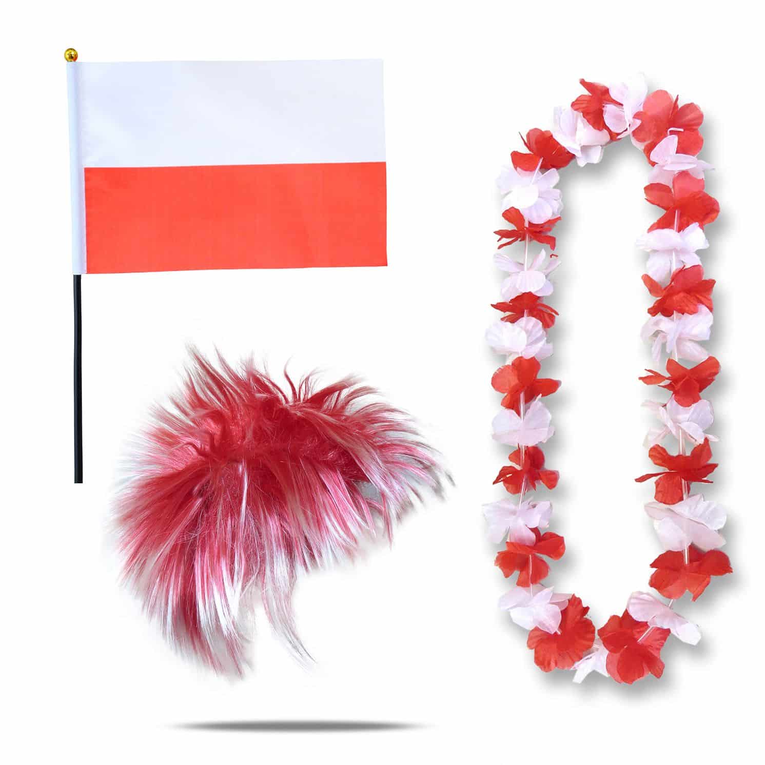 Fanset "Polen" Poland Polska Blumenkette Fahne Flagge Perücke Wig