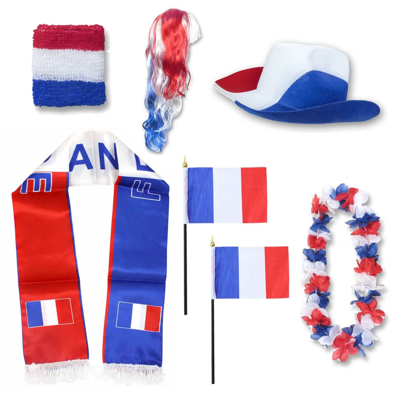 Fan-Paket "Frankreich" France WM EM Fußball Schal Hawaiikette Hut Schweissband Fahne Perücke