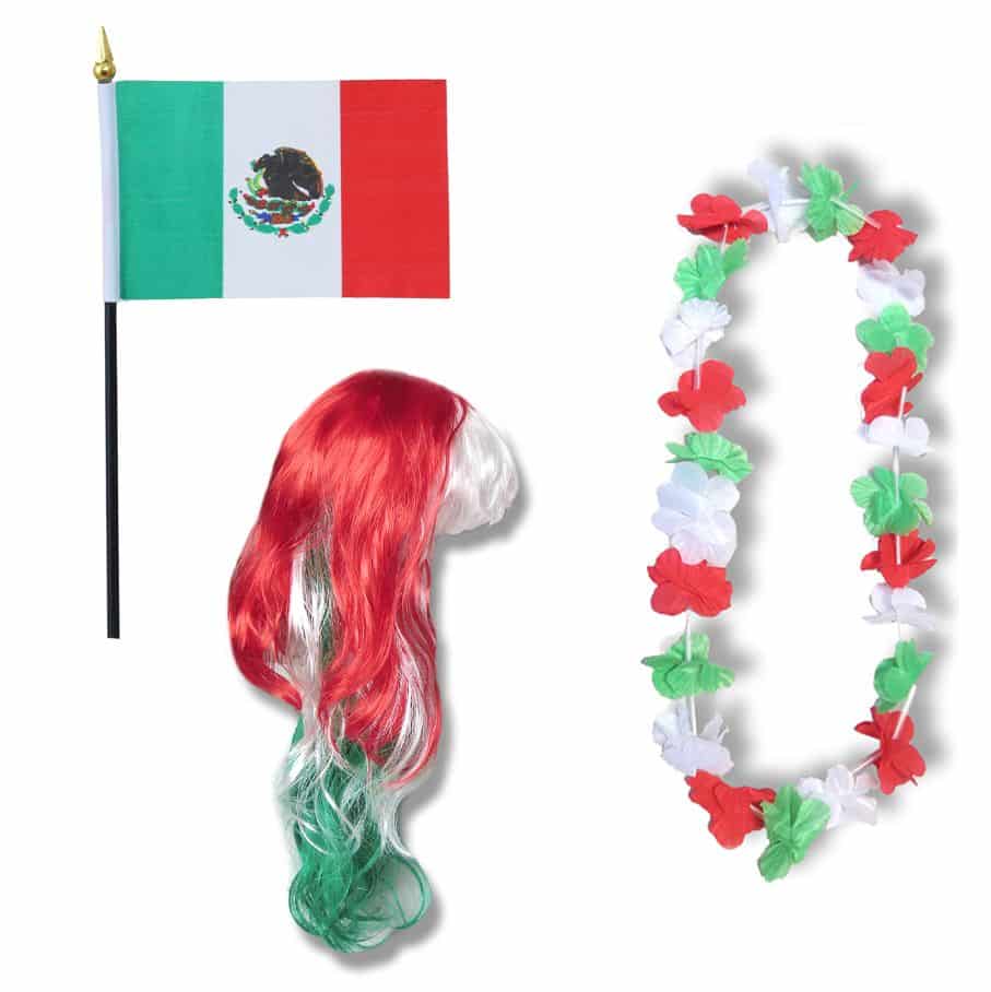 Fanset "Mexiko" Mexico Blumenkette Fahne Flagge Perücke Langhaar-Locken