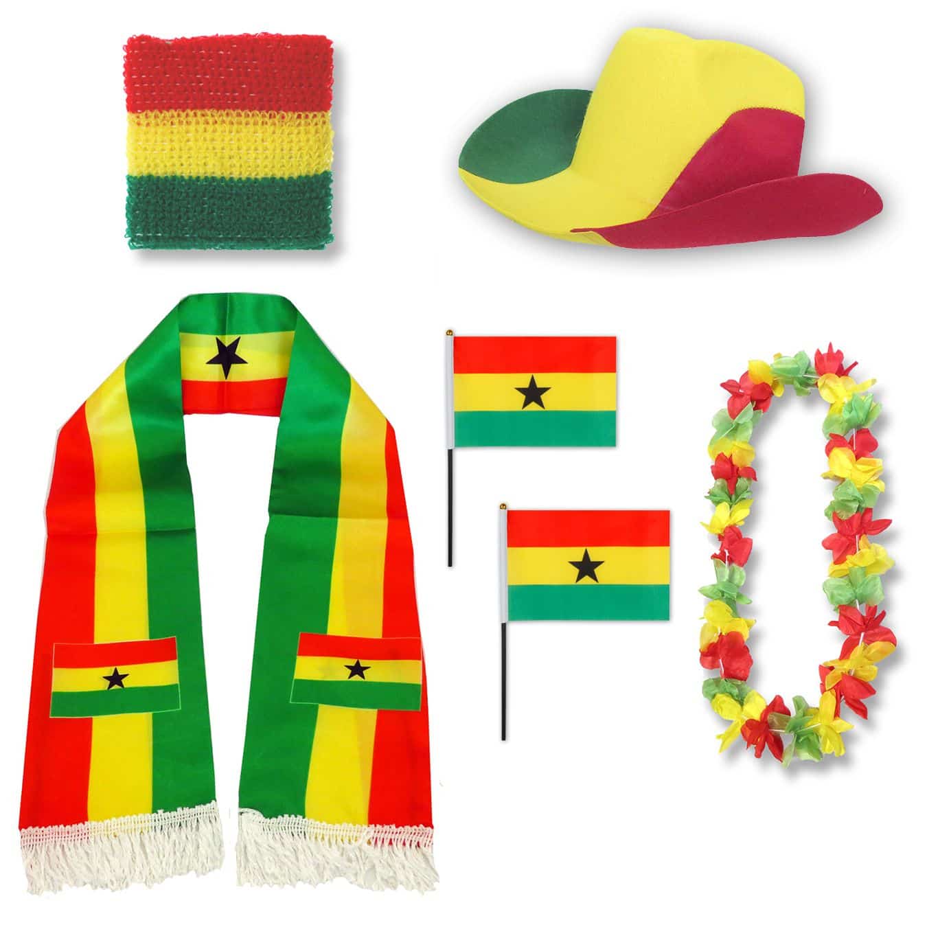 Fan-Paket "Ghana" WM EM Fußball Schal Hawaiikette Hut Schweissband Fahne Flagge