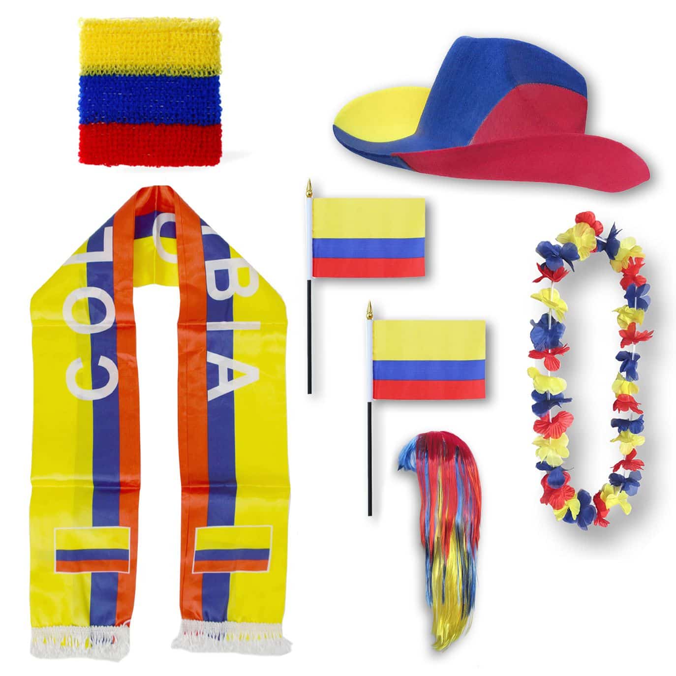 Fan-Paket "Kolumbien" Colombia WM EM Fußball Schal Hawaiikette Hut Schweissband Fahne Perücke