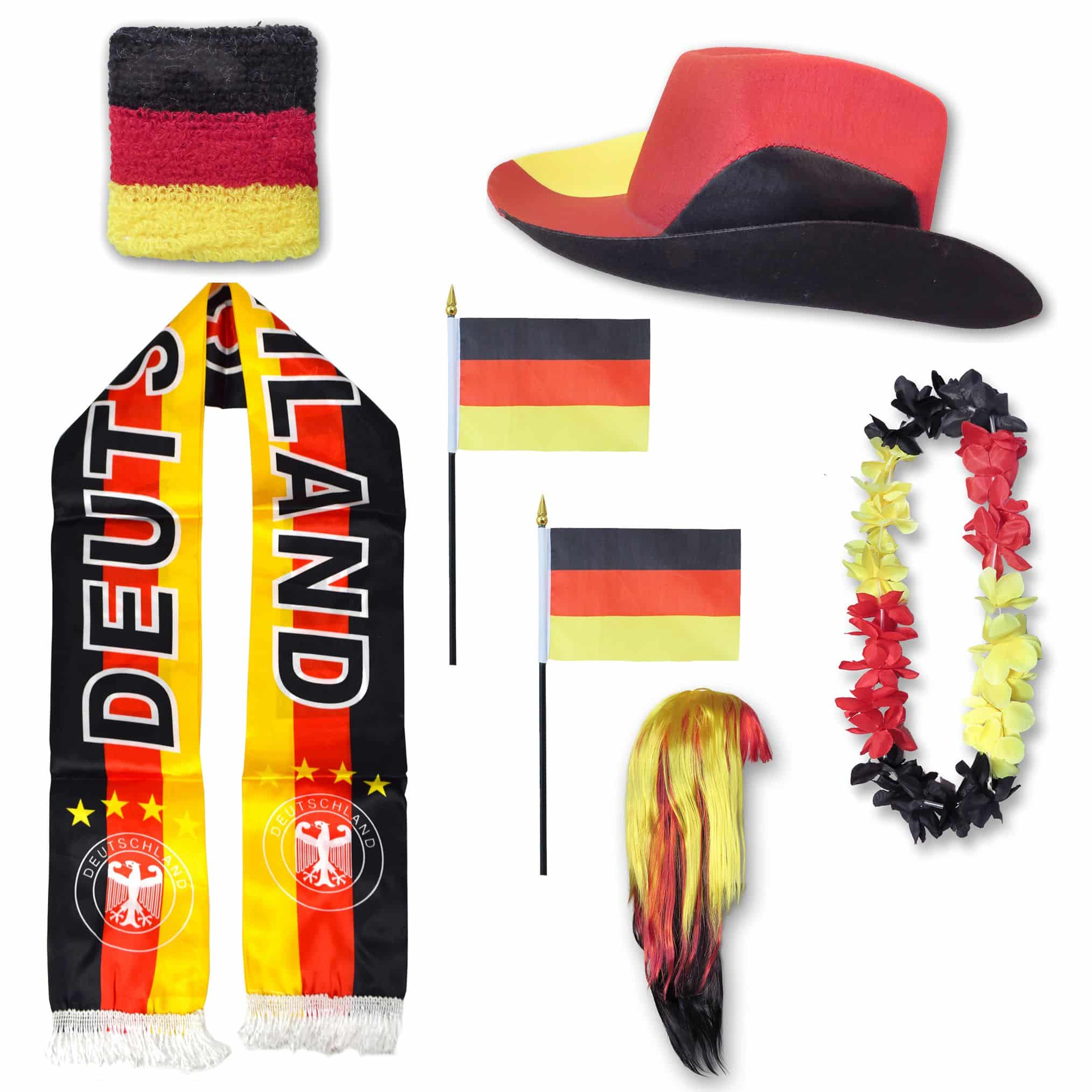 Fan-Paket "Deutschland" Germany WM EM Fußball Schal Hawaiikette Hut Schweissband Fahne Perücke