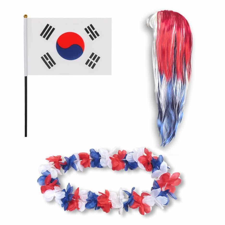 Fanset "Südkorea" South Korea Blumenkette Fahne Flagge Perücke Langhaar