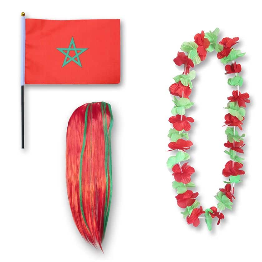 Fanset "Marokko" Morocco Blumenkette Fahne Flagge Perücke Langhaar