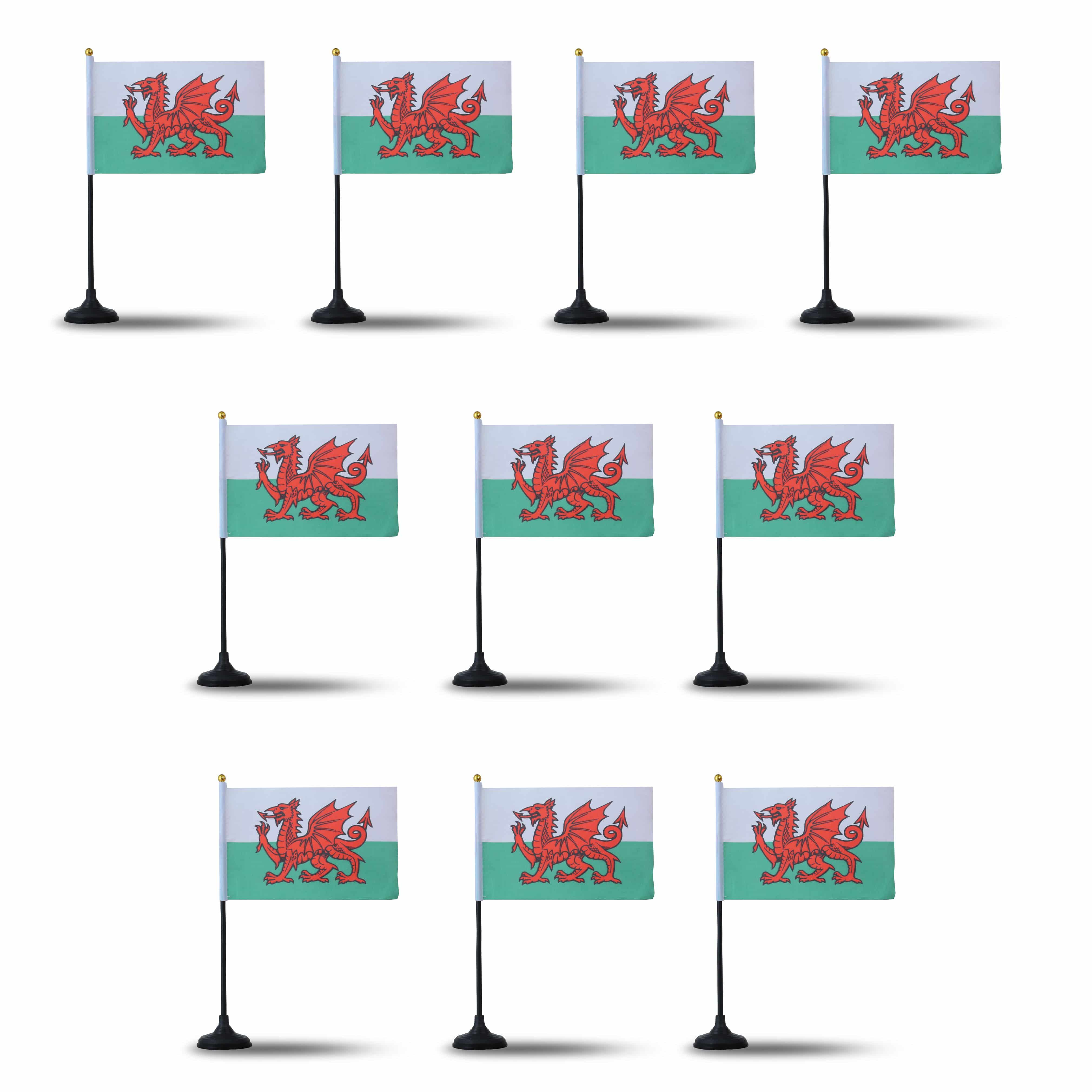 Mini Handfahnen mit Tischständer Fuß 10 Stück Set "Wales" EM WM Flaggen Fanartikel