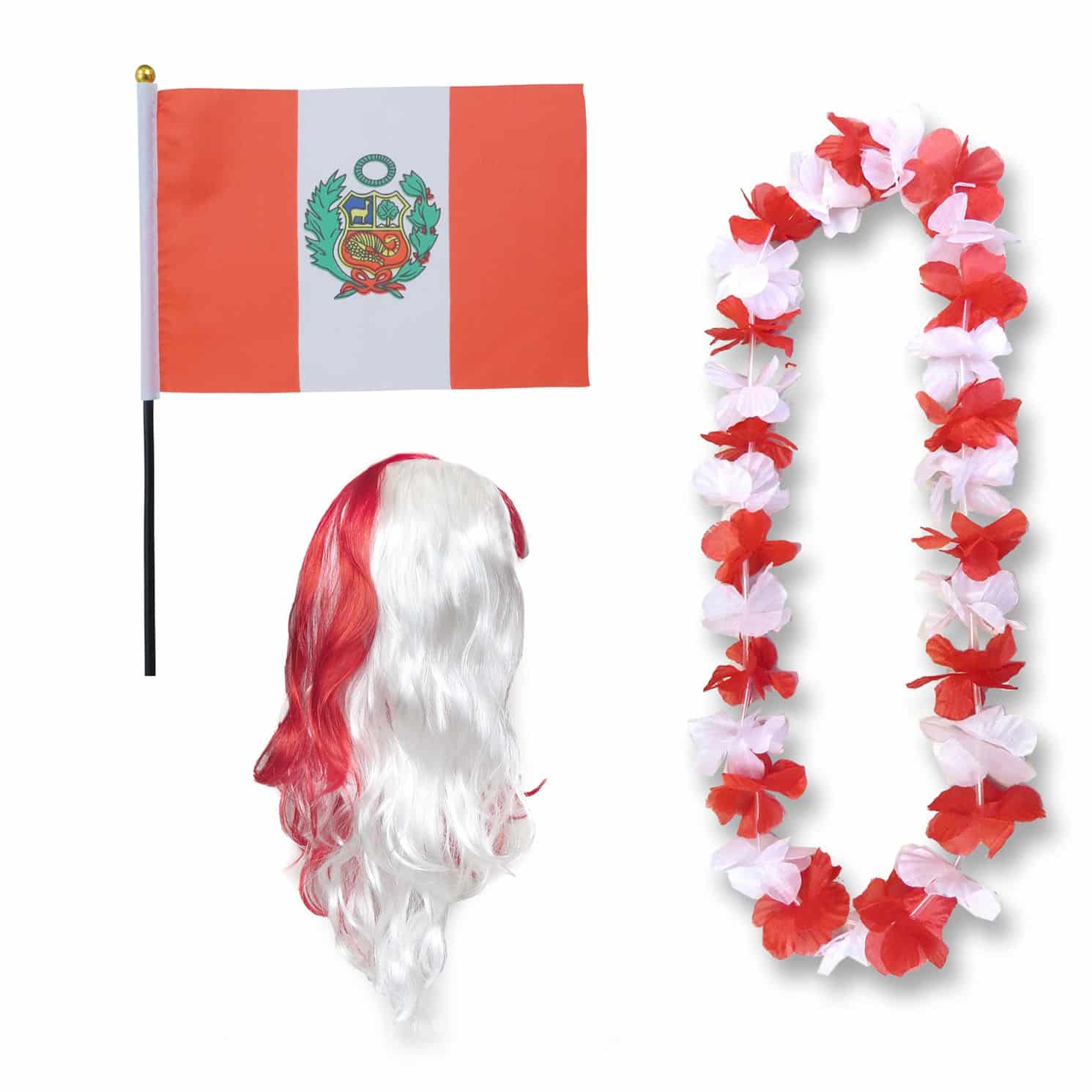 Fanset "Peru" Blumenkette Fahne Flagge Perücke Langhaar-Locken