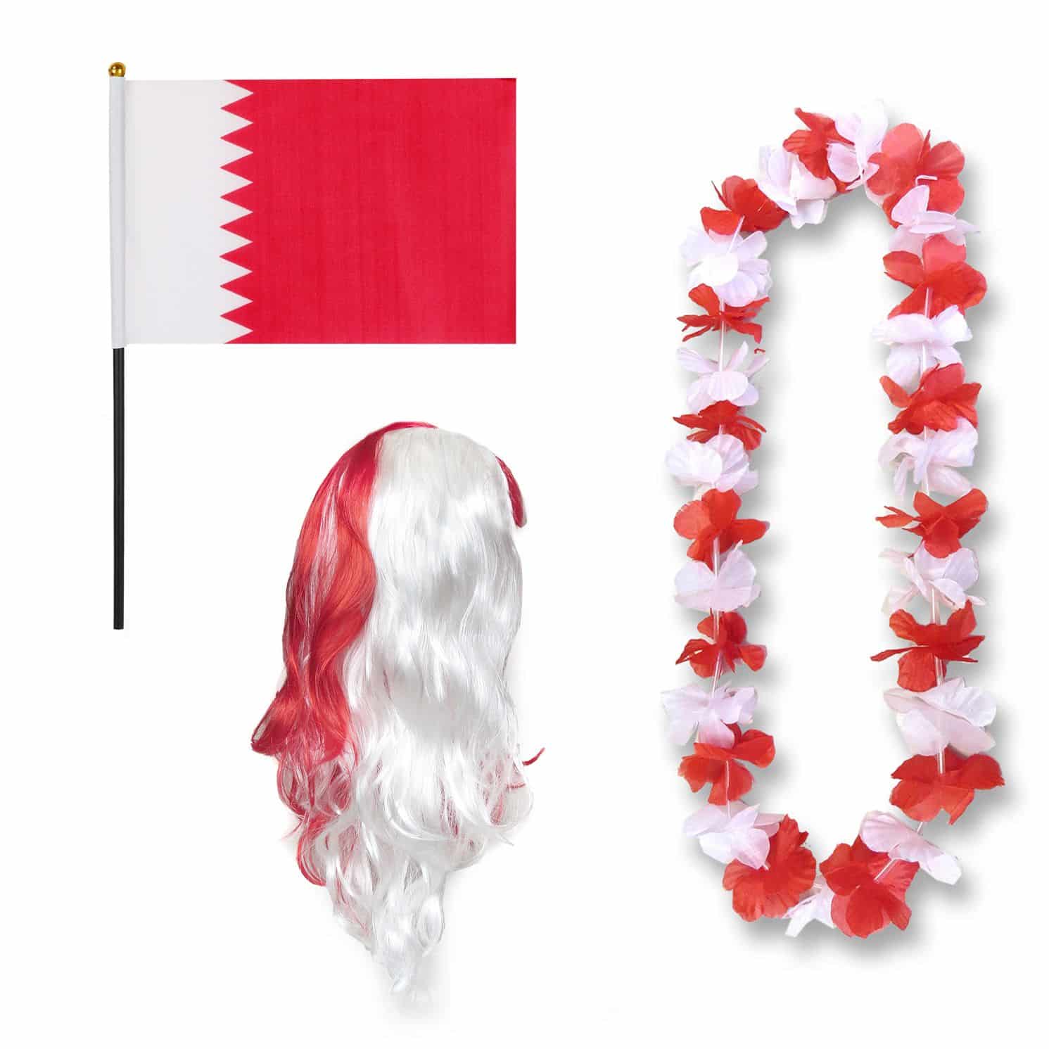 Fanset "Katar" Qatar Blumenkette Fahne Flagge Perücke Langhaar-Locken