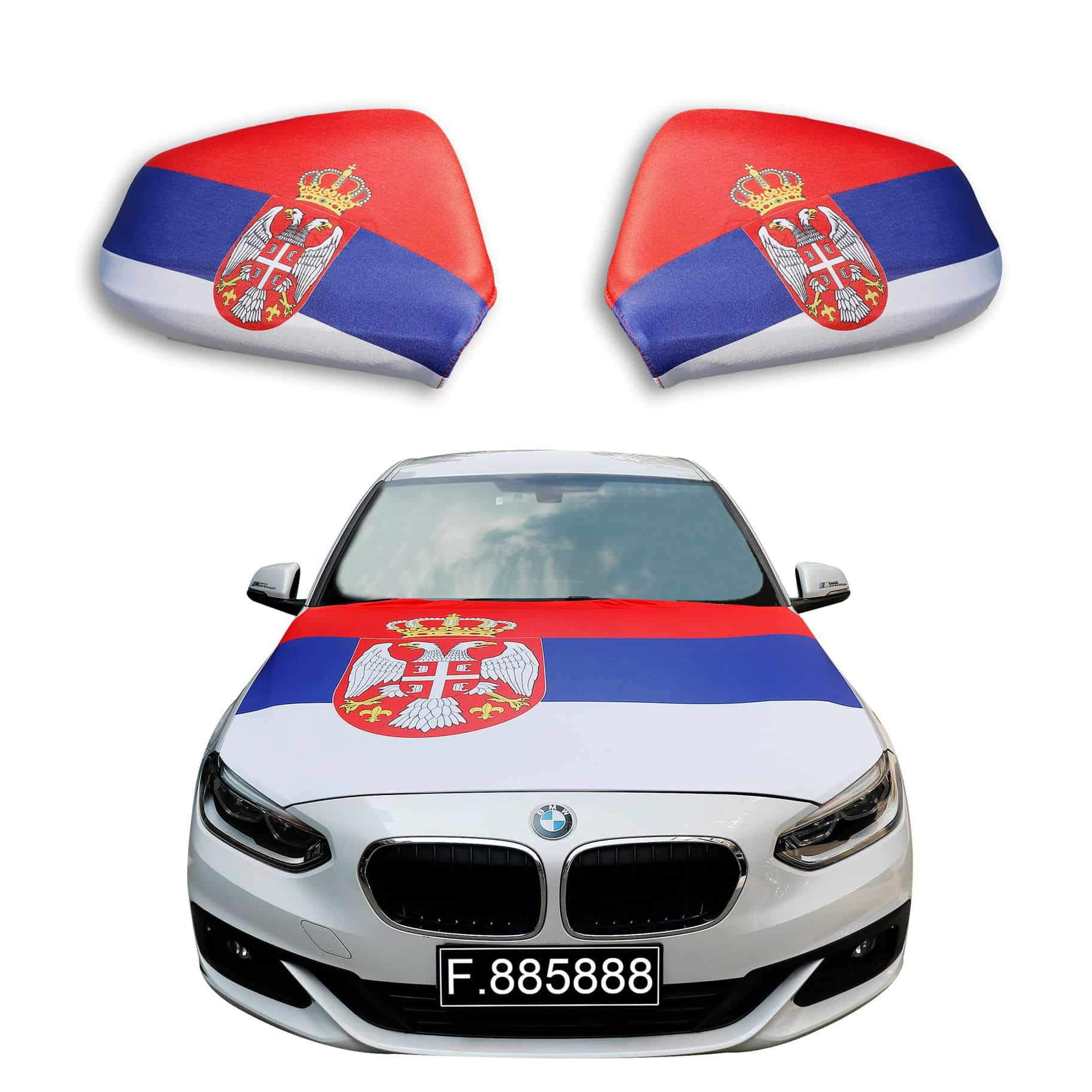 Auto Fan Set Serbien – Motorhaubenfahne & Außenspiegelfahnen (3-teilig)
