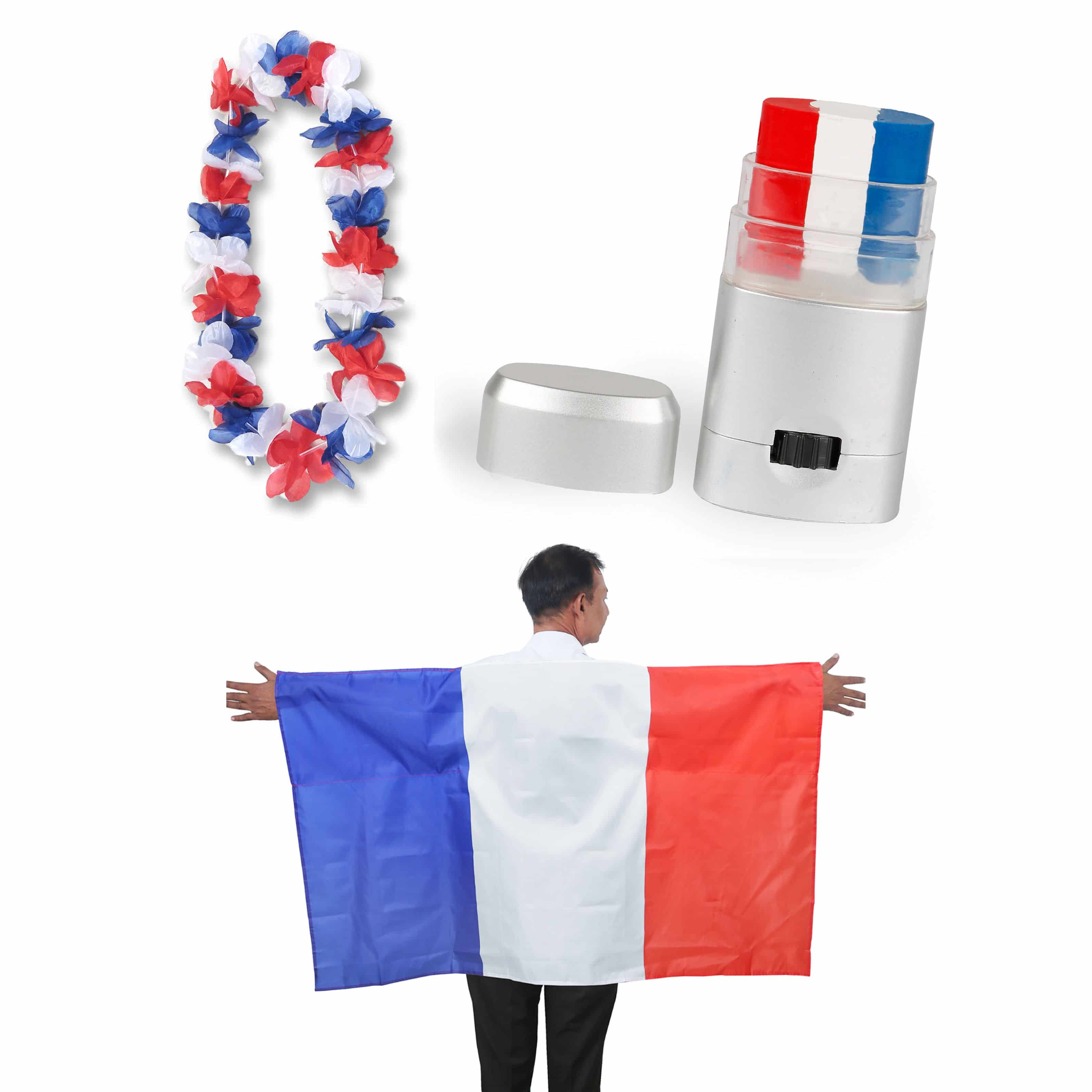 Fan-Paket EM "Frankreich" France Fanset Fußball Hawaiikette Schminkstift Poncho