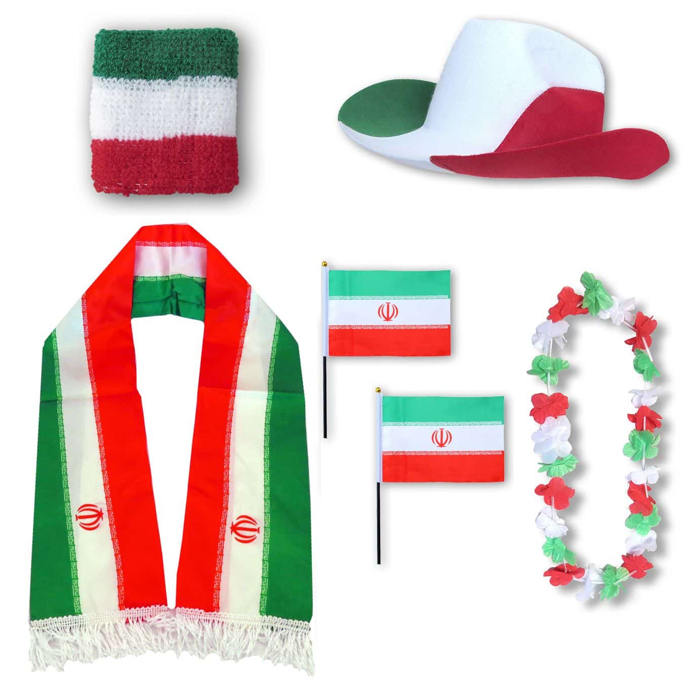 Fan-Paket "Iran" WM EM Fußball Schal Hawaiikette Hut Schweissband Fahne Flagge