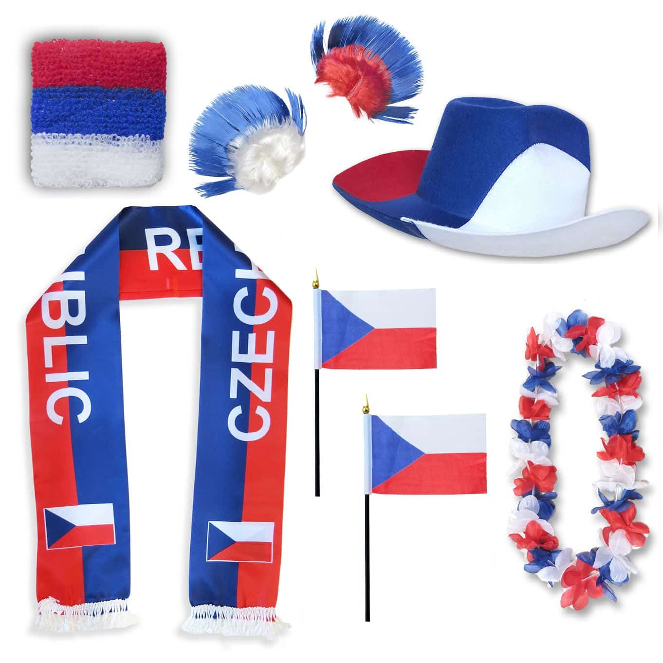 Fan-Paket "Tschechien" Czech Republic WM EM Fußball Schal Hawaiikette Hut Schweissband Fahne Perücke