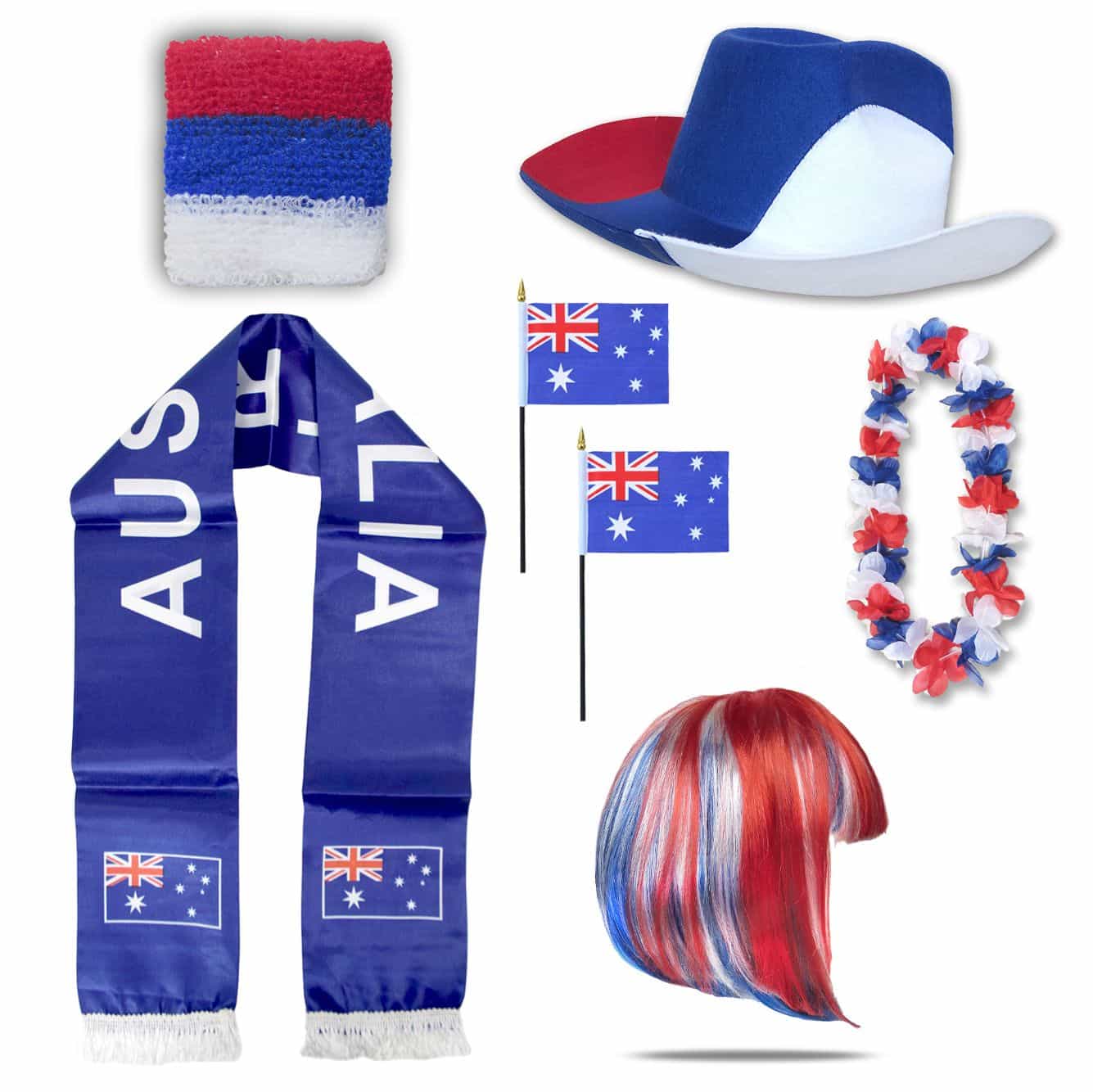 Fan-Paket "Australien" Australia WM EM Fußball Schal Hawaiikette Hut Schweissband Fahne Perücke