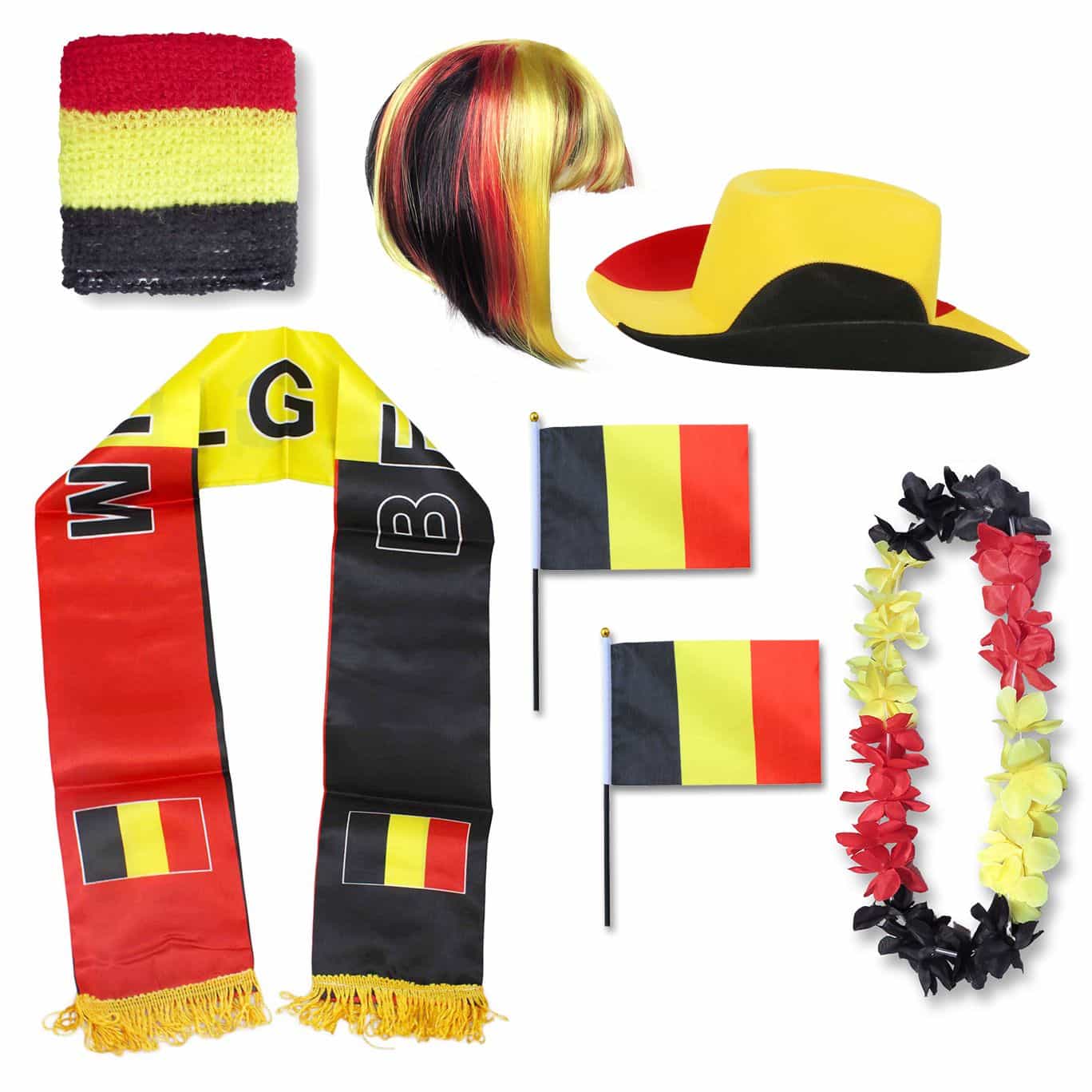 Fan-Paket "Belgien" Belgium WM EM Fußball Schal Hawaiikette Hut Schweissband Fahne Perücke