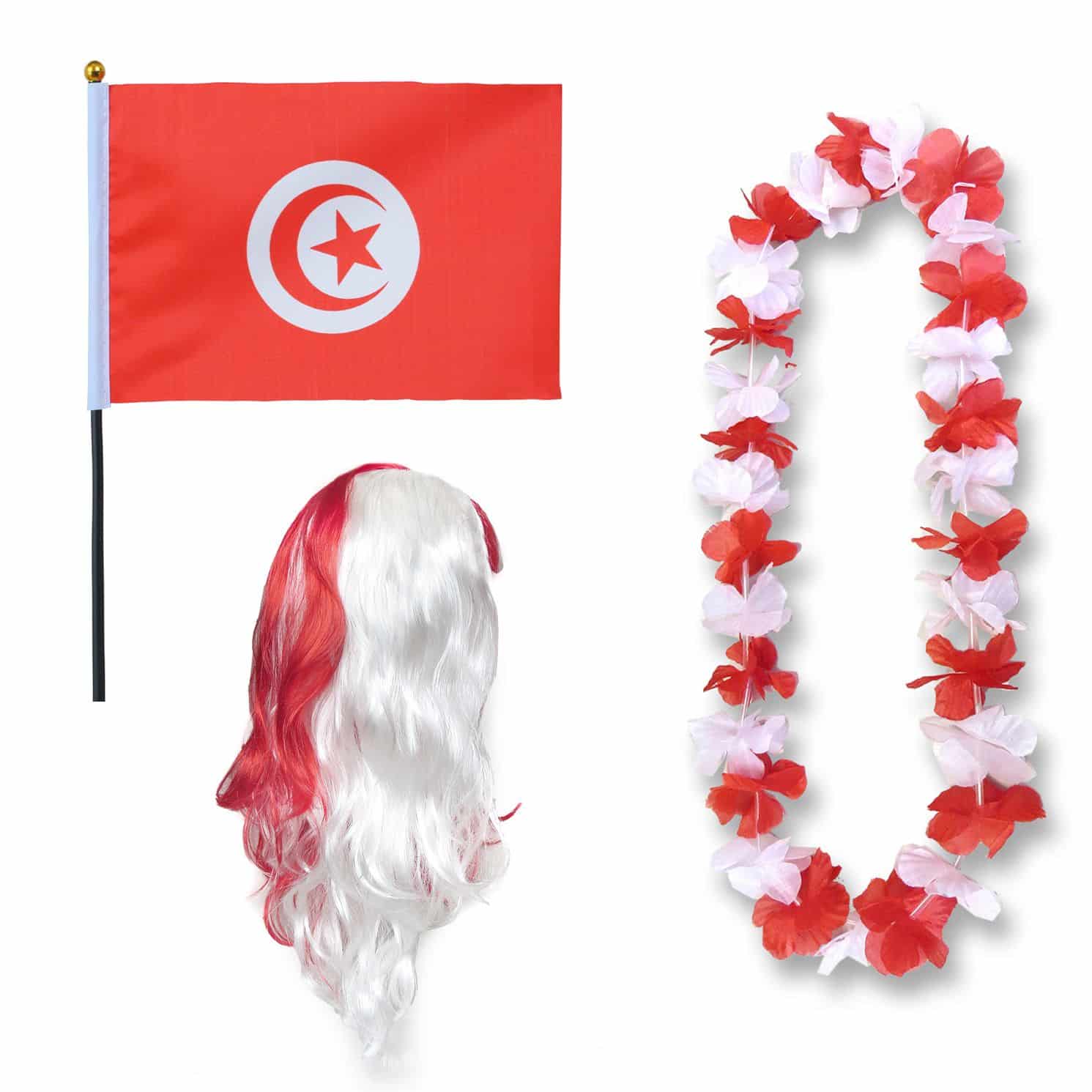 Fanset "Tunesien" Tunisia Blumenkette Fahne Flagge Perücke Langhaar-Locken