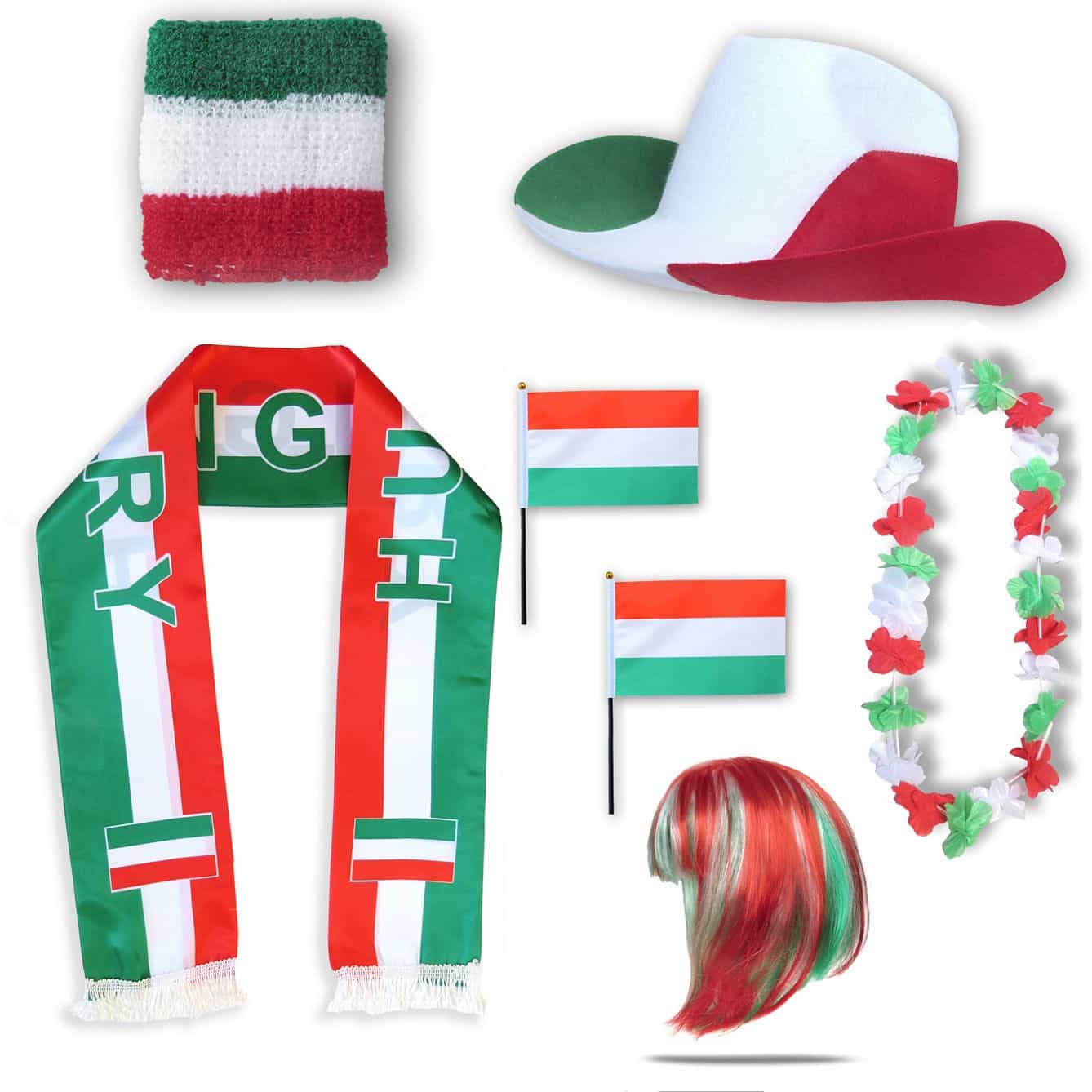 Fan-Paket "Ungarn" Hungary WM EM Fußball Schal Hawaiikette Hut Schweissband Fahne Perücke