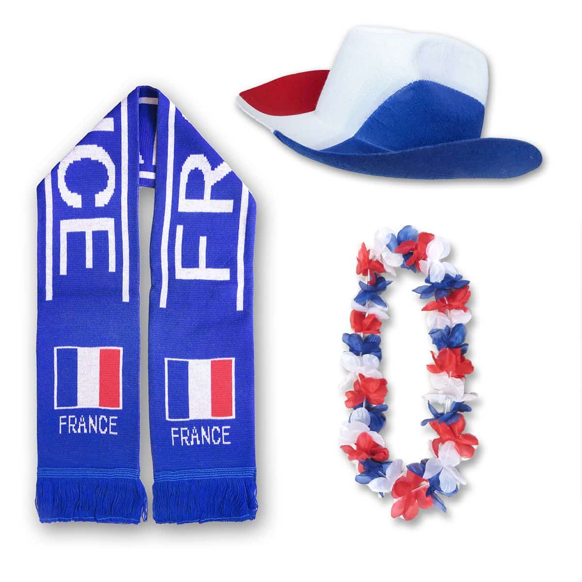FAN PAKET EM "Frankreich" France Fußball Schal Blumenkette Cowboy-Hut