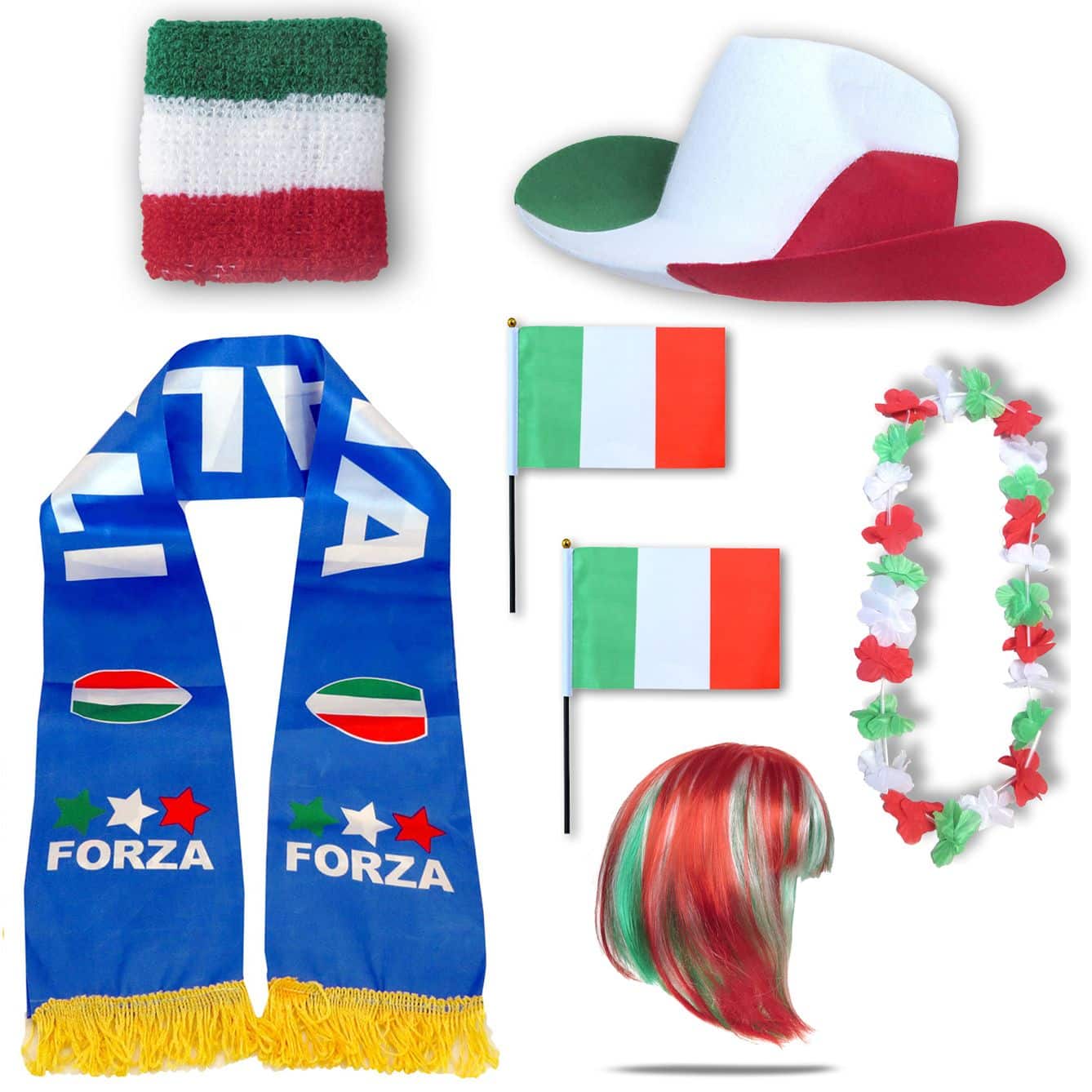 Fan-Paket "Italien" Italy Italia WM EM Fußball Schal Hawaiikette Hut Schweissband Fahne Perücke