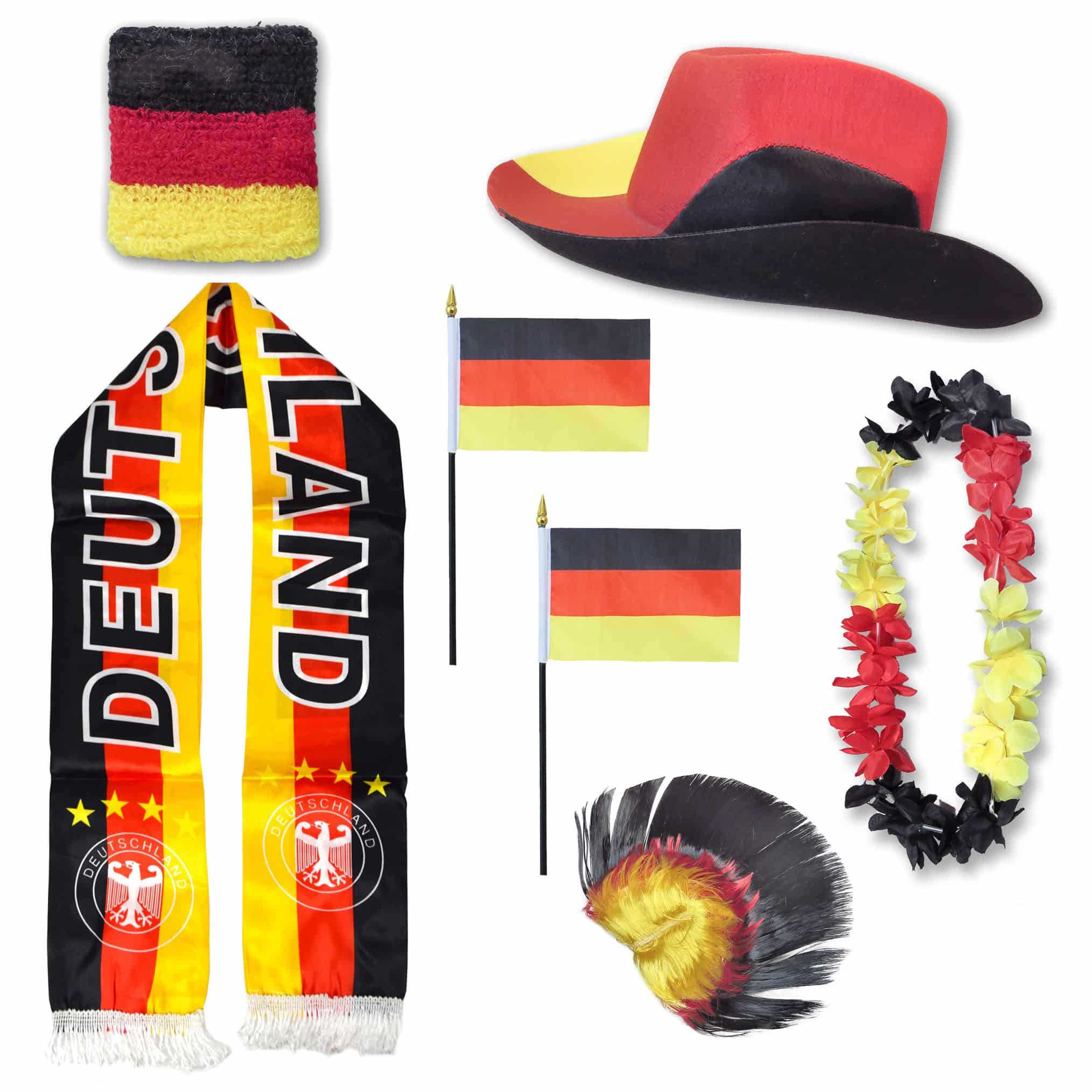 Fan-Paket "Deutschland" Germany WM EM Fußball Schal Hawaiikette Hut Schweissband Fahne Perücke