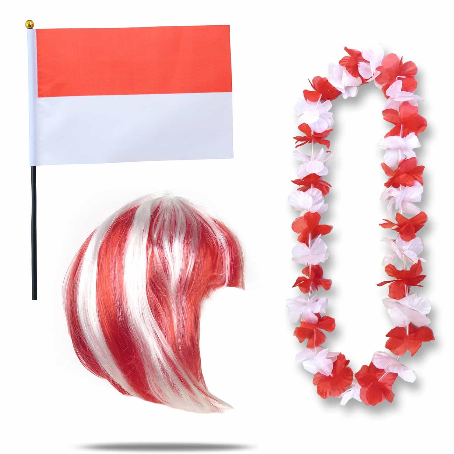 Fanset "Indonesien" Indonesia Blumenkette Fahne Flagge Perücke Bob