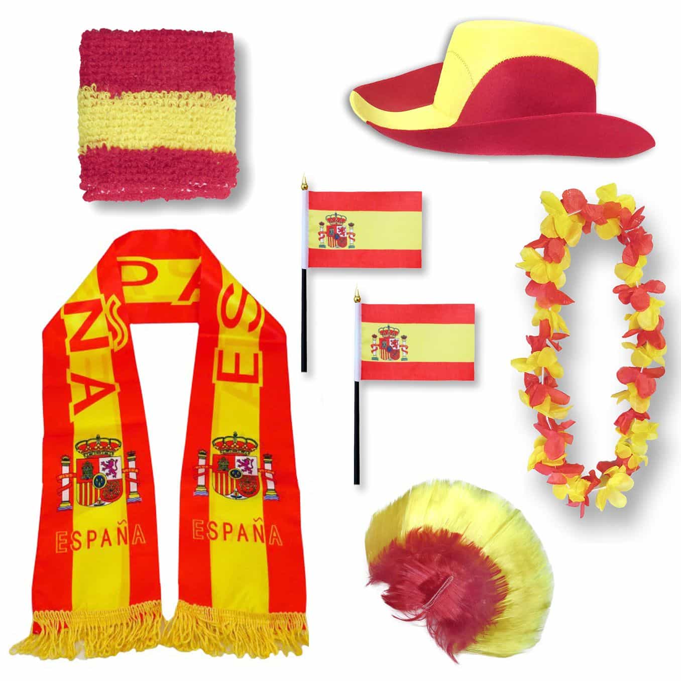 Fan-Paket "Spanien" Spain Espana WM EM Fußball Schal Hawaiikette Hut Schweissband Fahne Perücke