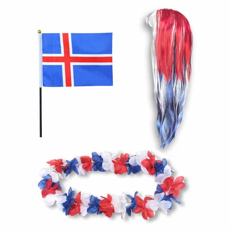 Fanset "Island" Iceland Blumenkette Fahne Flagge Perücke Langhaar