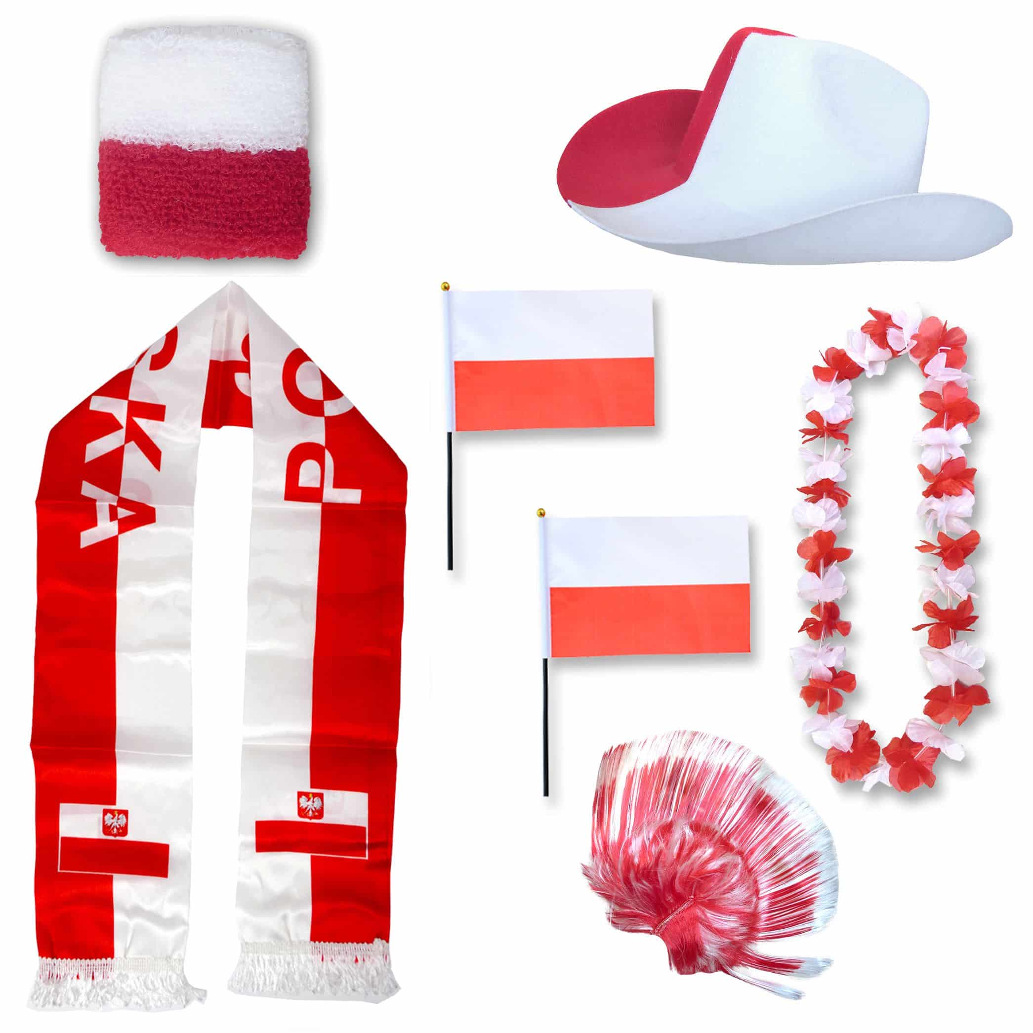 Fan-Paket "Polen" Poland Polska WM EM Fußball Schal Hawaiikette Hut Schweissband Fahne Perücke