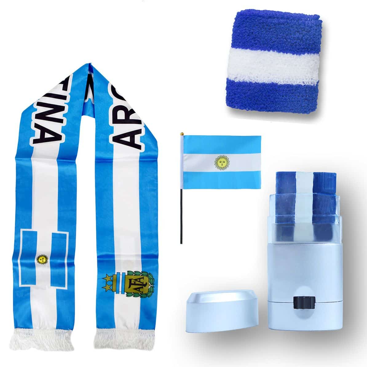 FAN PAKET EM "Argentinien" Argentina Fußball Schal Schminke Schweißband Mini Flagge