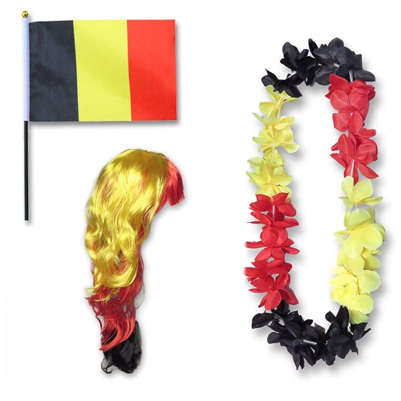 Fanset "Belgien" Belgium Blumenkette Fahne Flagge Perücke Langhaar-Locken