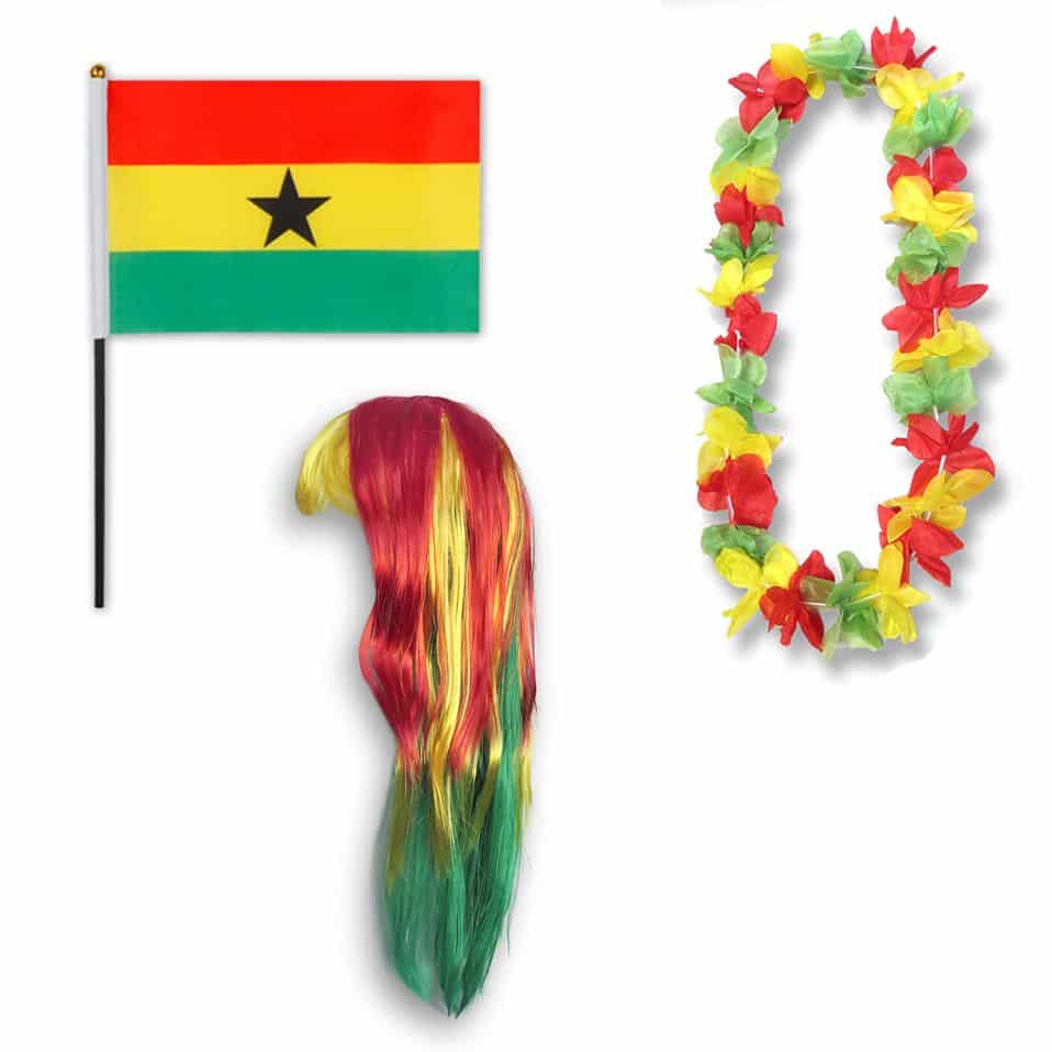 Fanset "Ghana" Blumenkette Fahne Flagge Perücke Langhaar