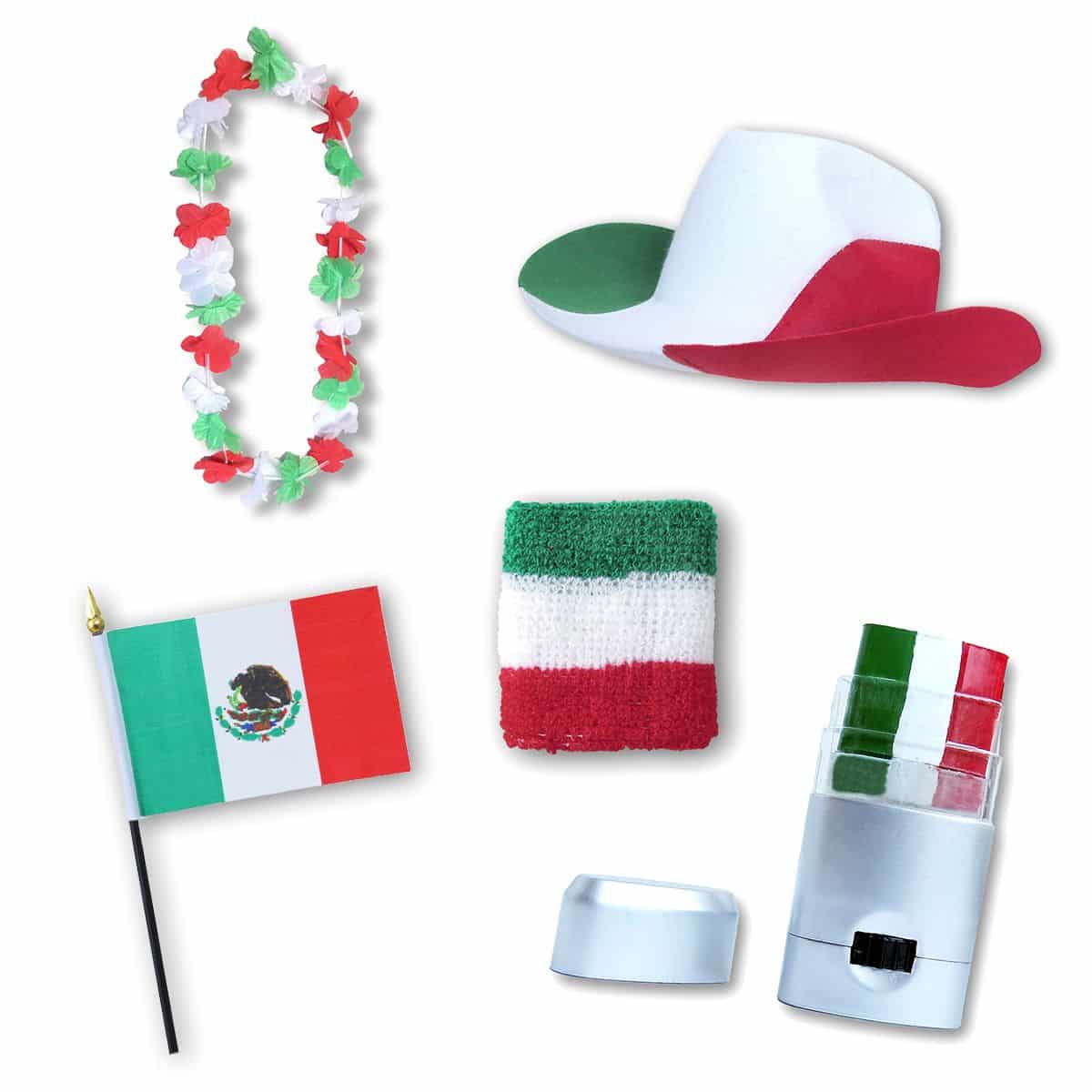 Fan-Paket EM "Mexiko" Mexico Fußball Hut Kette Schminke Schweißband Flagge