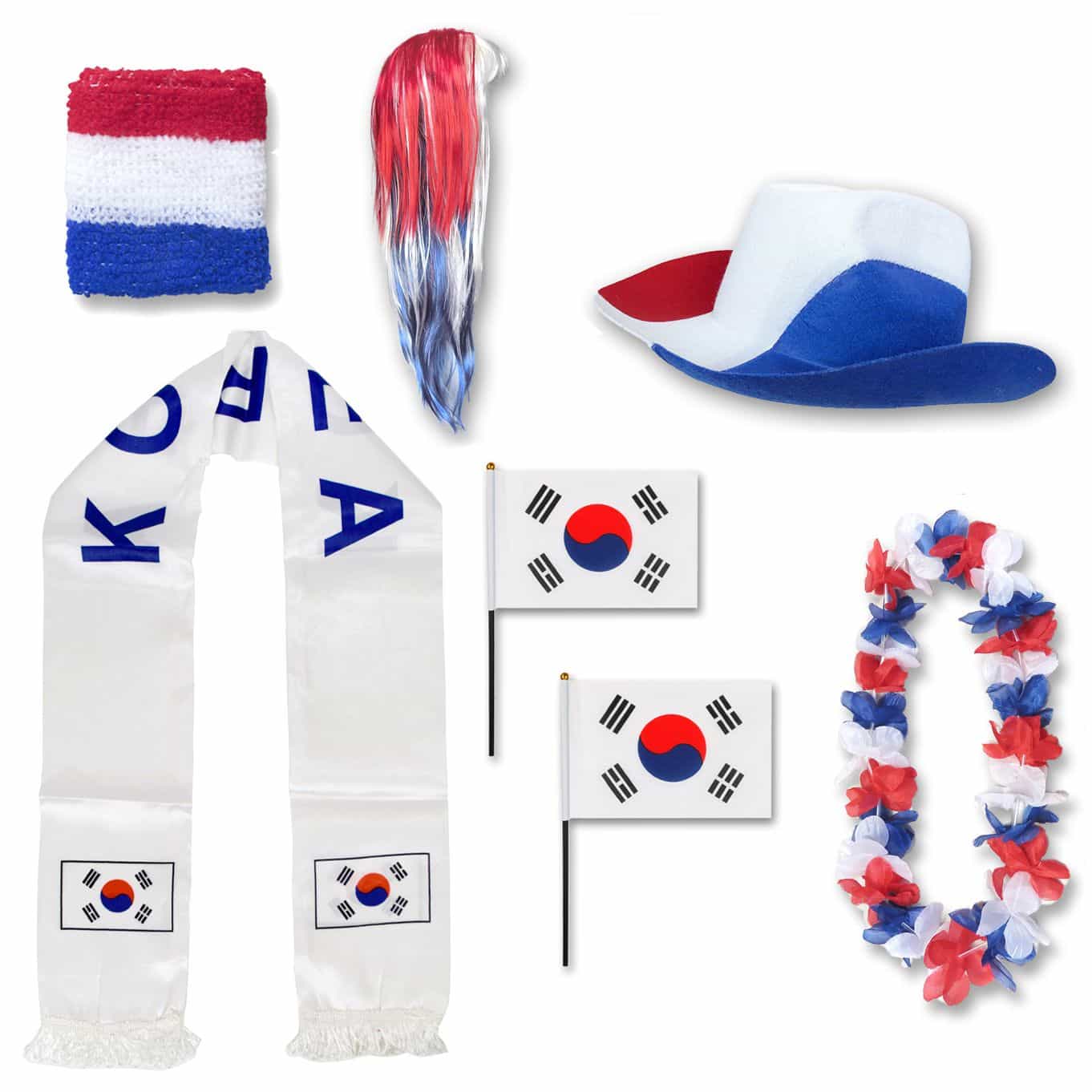 Fan-Paket "Südkorea" South Korea WM EM Fußball Schal Hawaiikette Hut Schweissband Fahne Perücke