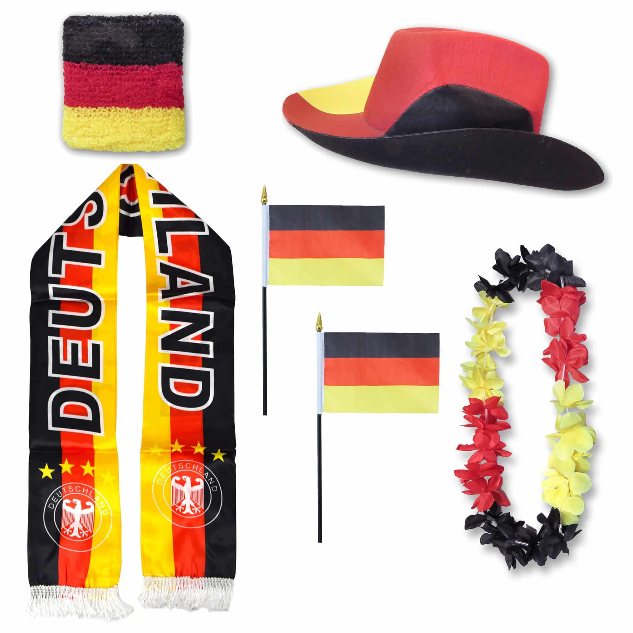 Fan-Paket "Deutschland" Germany WM EM Fußball Schal Hawaiikette Hut Schweissband Fahne Flagge