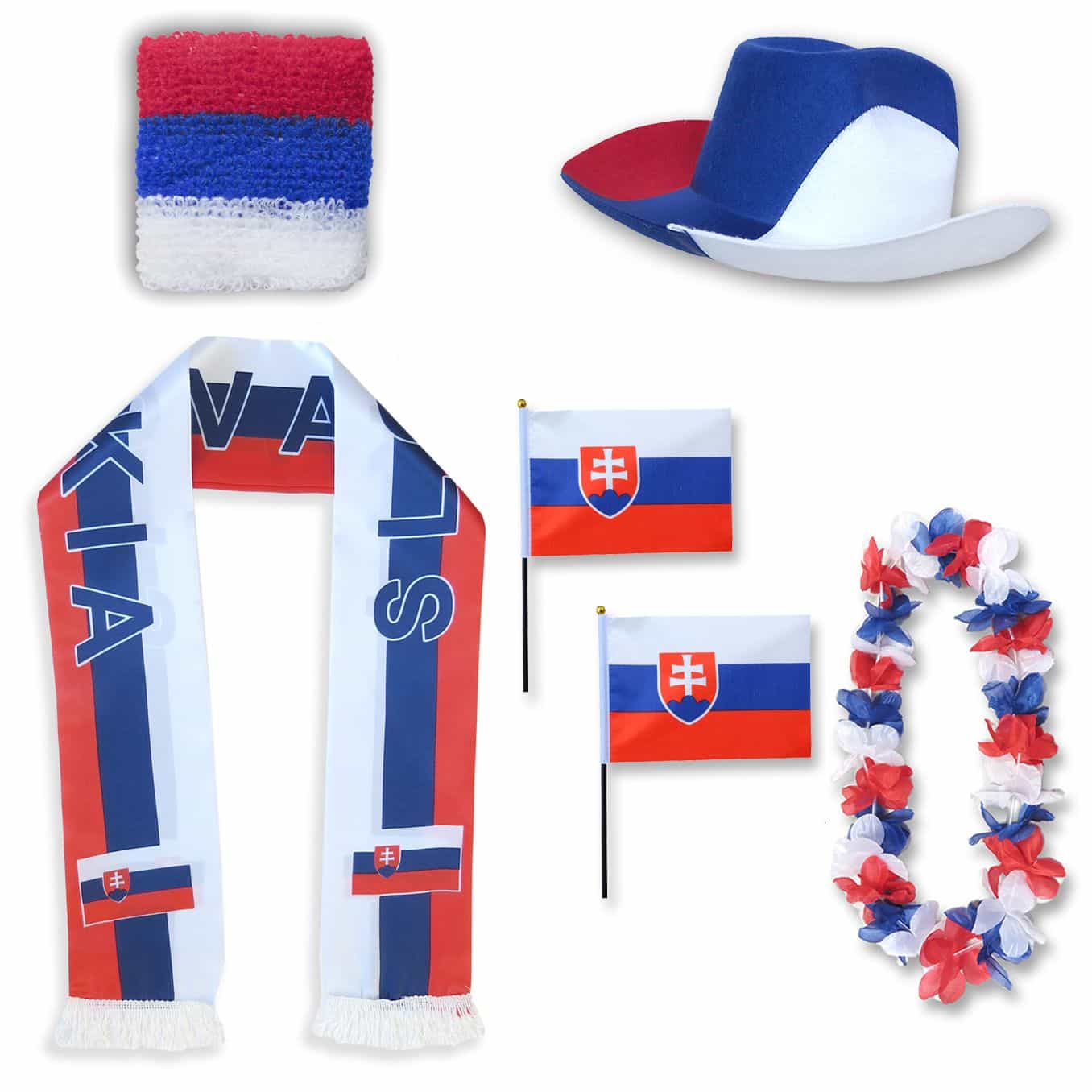 Fan-Paket "Slowakei" Slovakia WM EM Fußball Schal Hawaiikette Hut Schweissband Fahne Flagge