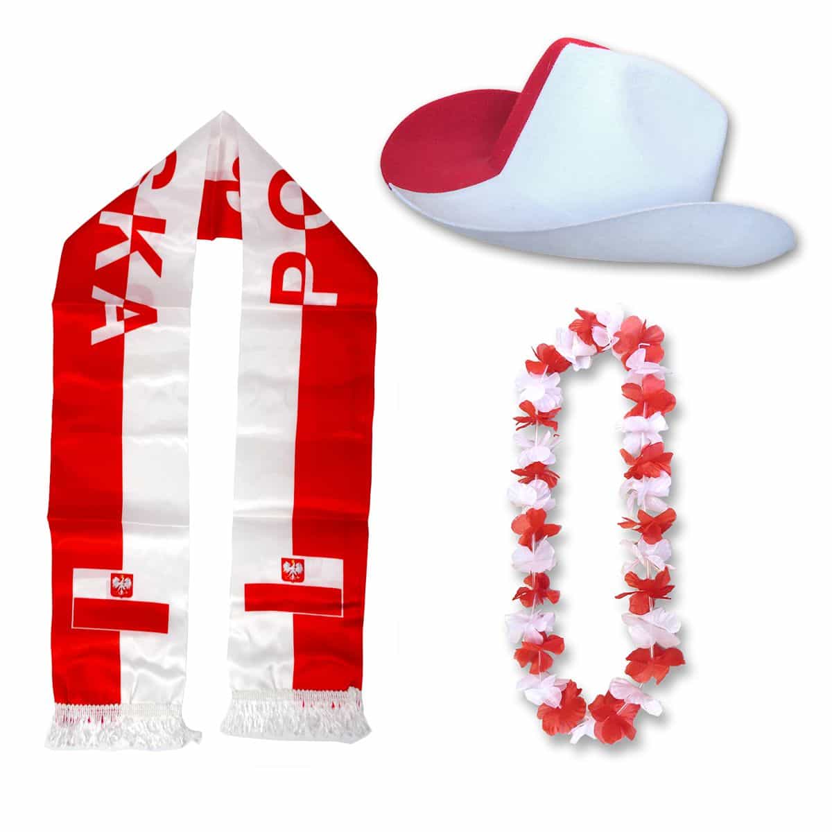 Fan-Paket "Polen" Poland Polska WM EM Fußball Schal Hawaiikette Hut Fanartikel