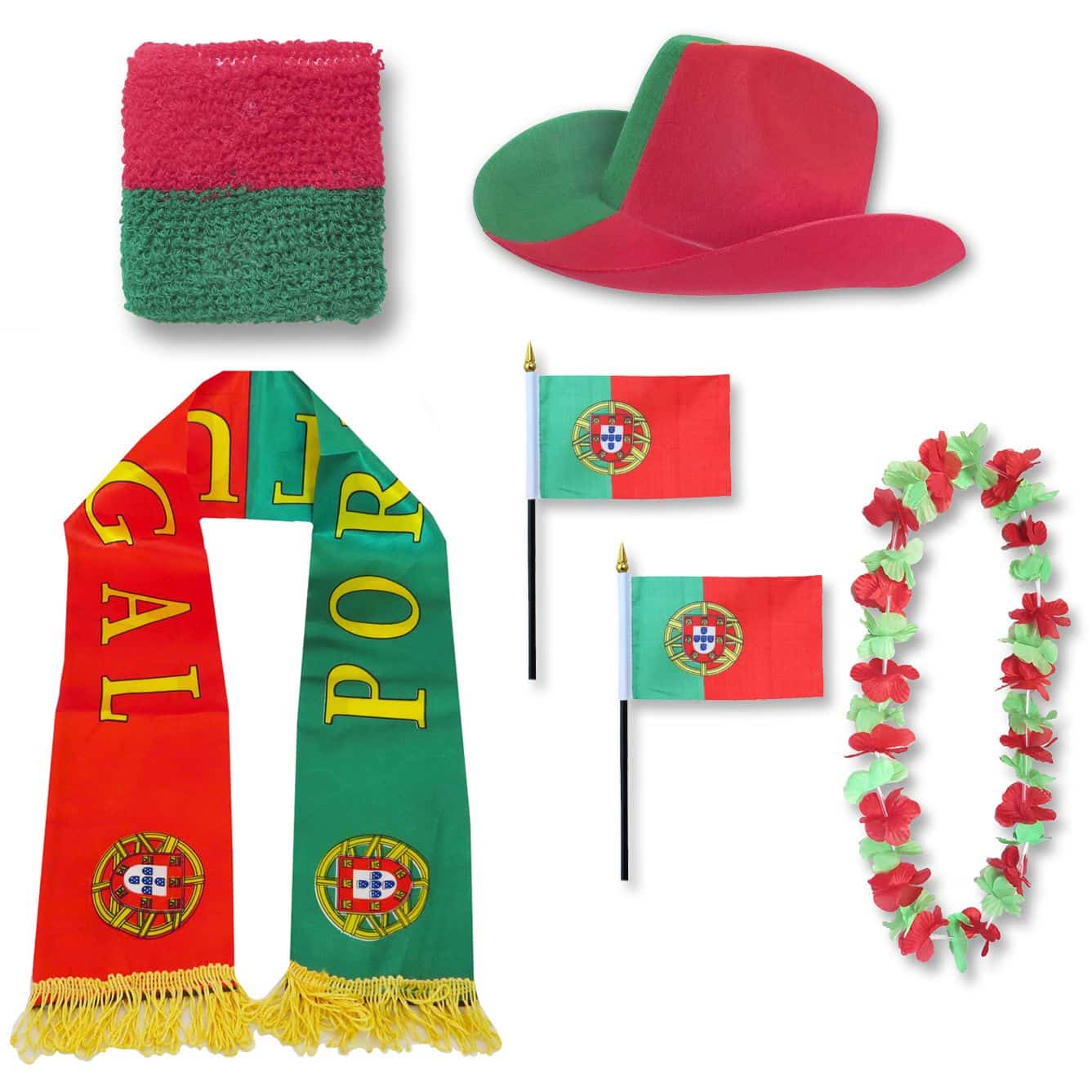 Fan-Paket "Portugal" WM EM Fußball Schal Hawaiikette Hut Schweissband Fahne Flagge
