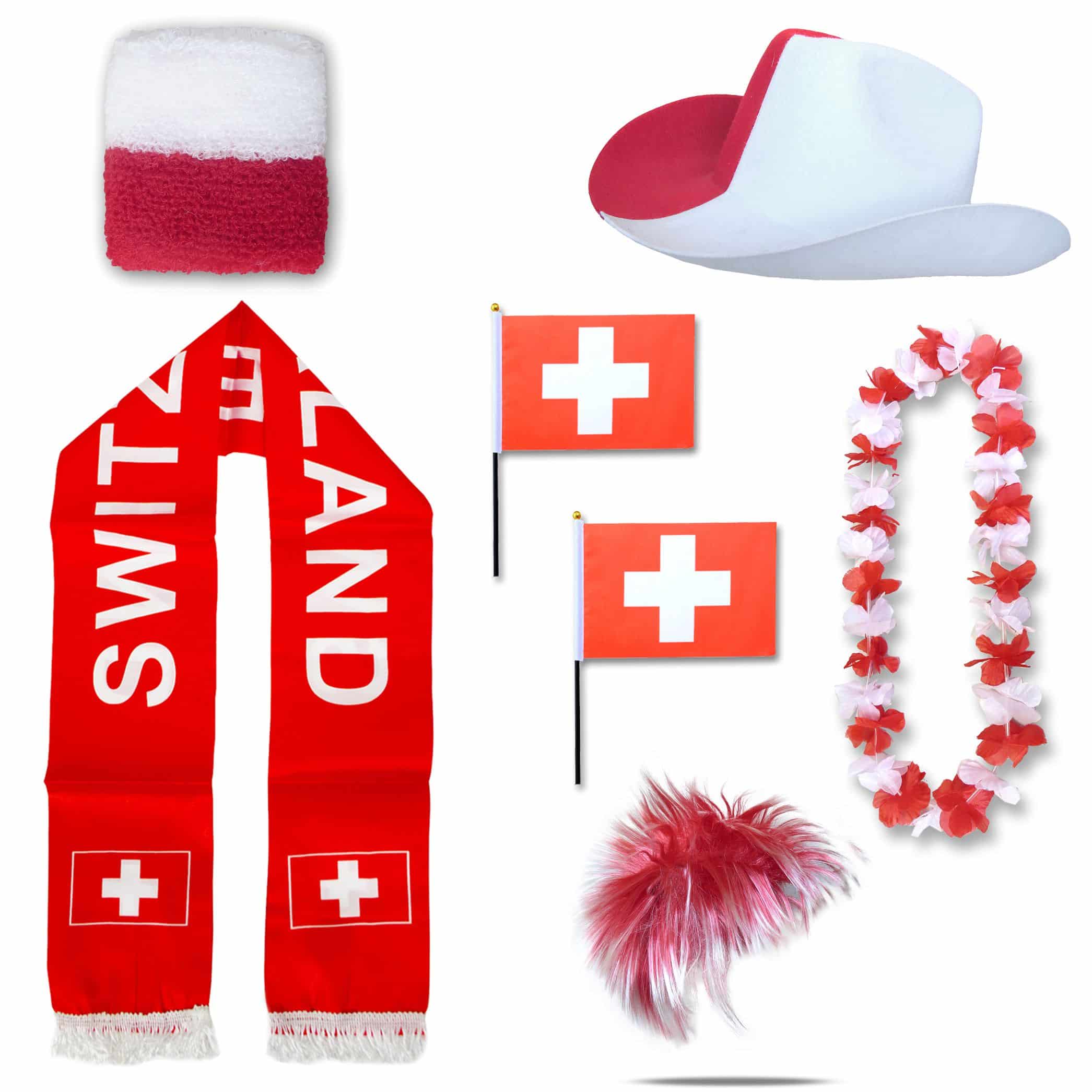 Fan-Paket "Schweiz" Switzerland WM EM Fußball Schal Hawaiikette Hut Schweissband Fahne Perücke