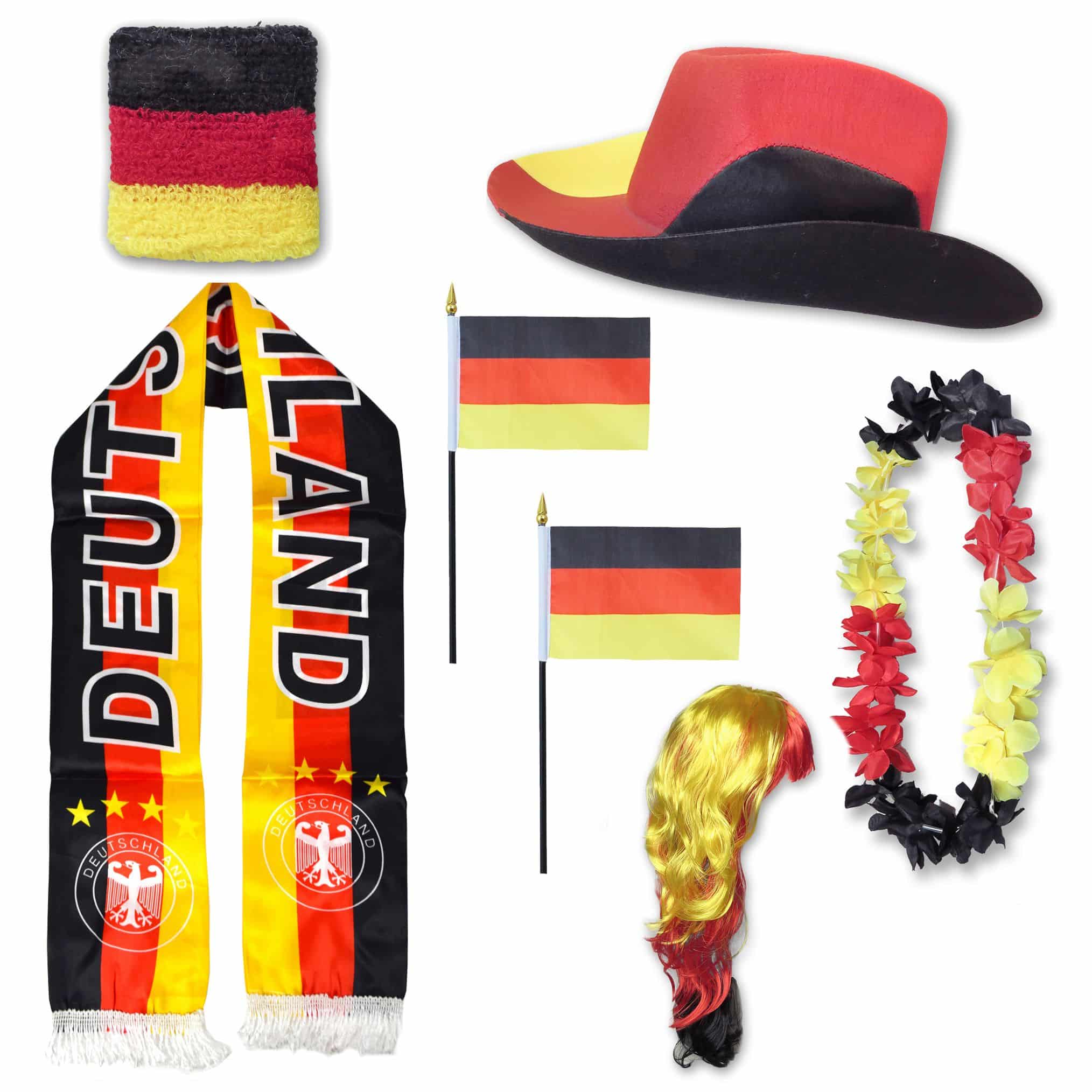 Fan-Paket "Deutschland" Germany WM EM Fußball Schal Hawaiikette Hut Schweissband Fahne Perücke