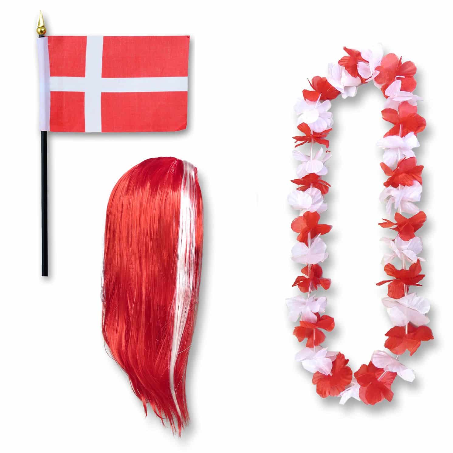 Fanset "Dänemark" Denmark Dansk Blumenkette Fahne Flagge Perücke Langhaar